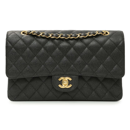 Exclusive Chanel Black Quilted Caviar Medium Classic Double Flap — Front View