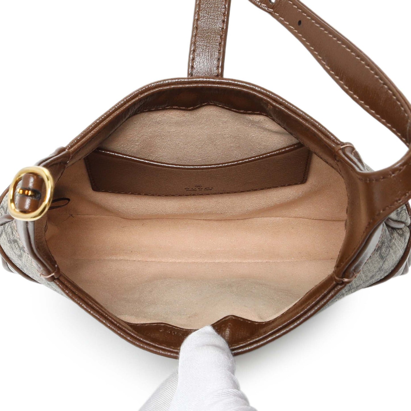 Exclusive Gucci Beige Ebony Brown Sugar GG Supreme Monogram Azalea Calfskin Web Mini Jackie 1961 Hobo — Detail View