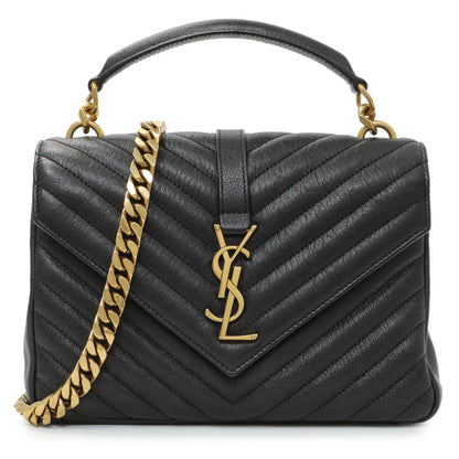 Exclusive Saint Laurent Black Sheepskin Matelasse Chevron Monogram Medium College Bag — Front View