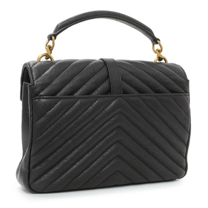 Exclusive Saint Laurent Black Sheepskin Matelasse Chevron Monogram Medium College Bag — Side View