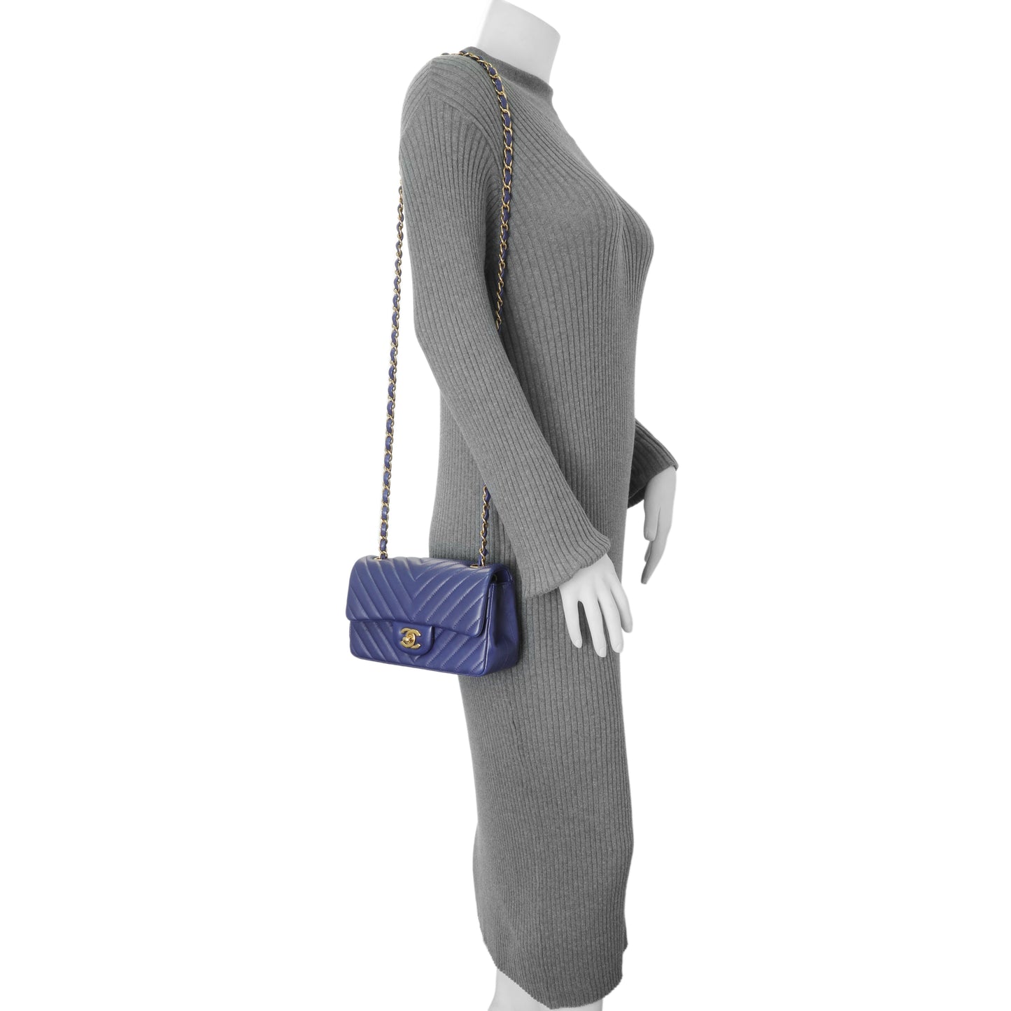 Exclusive Chanel Blue Chevron Quilted Lambskin Mini Rectangular Flap — Alternate View 11