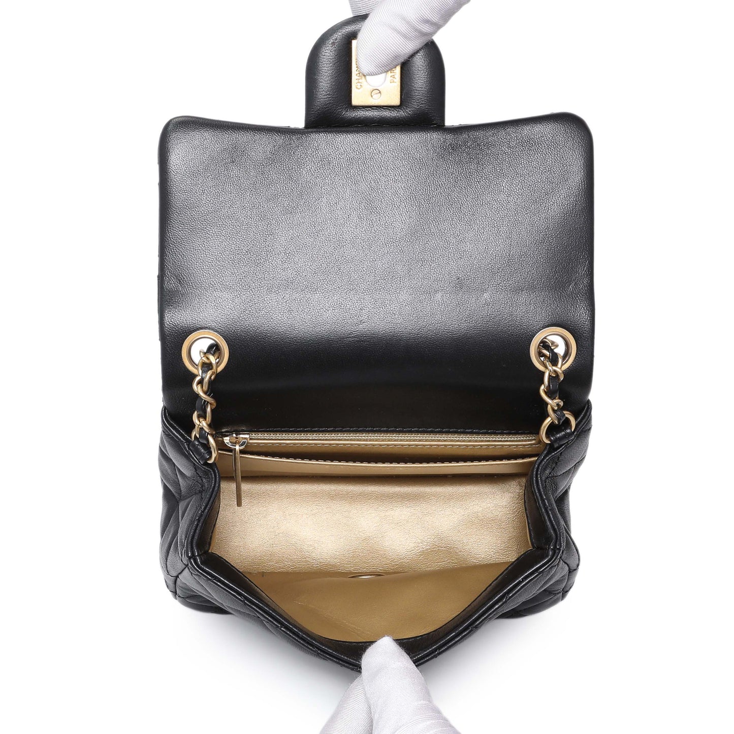 Exclusive Chanel Black Lambskin Quilted Mini Pearl Crush Flap — Detail View