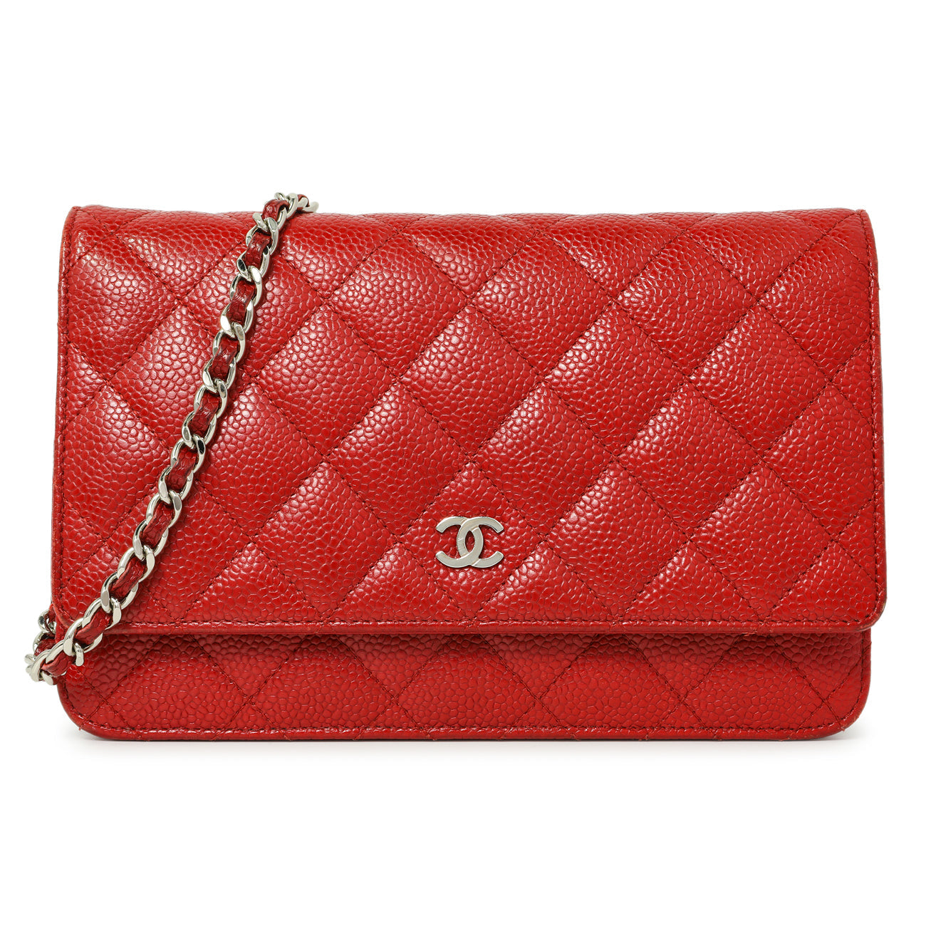 Exclusive Chanel Red Quilted Caviar Classic Wallet on Chain WOC — Front View