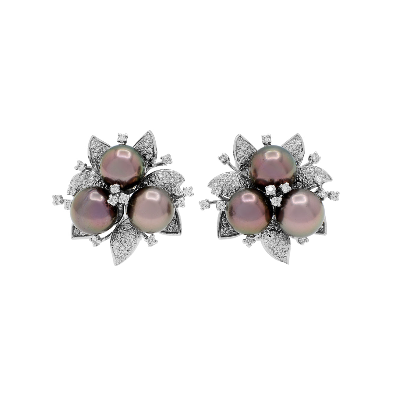 Exclusive 18K White Gold Trefoil Cluster Tahitian Pearl Floral Earrings — Front View