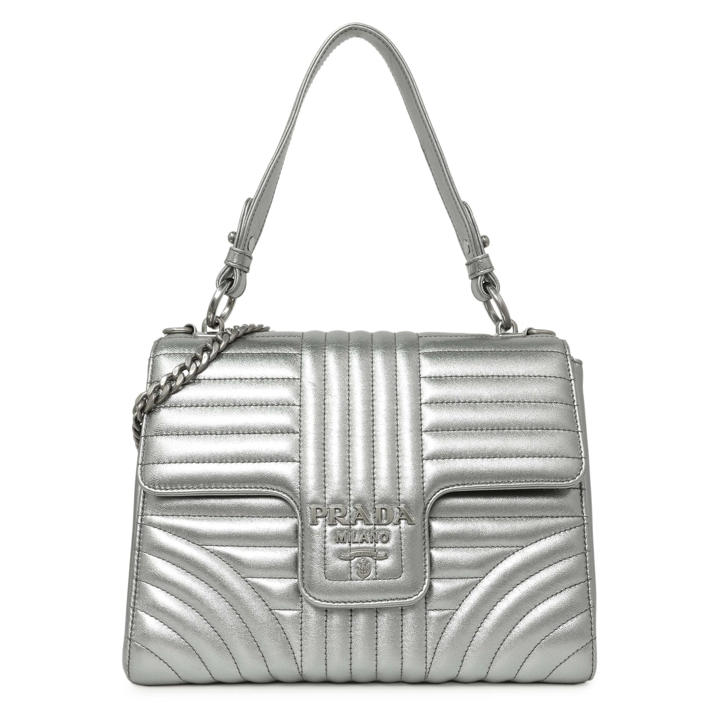 Exclusive Prada Silver Calfskin Diagramme Flap Bag — Front View