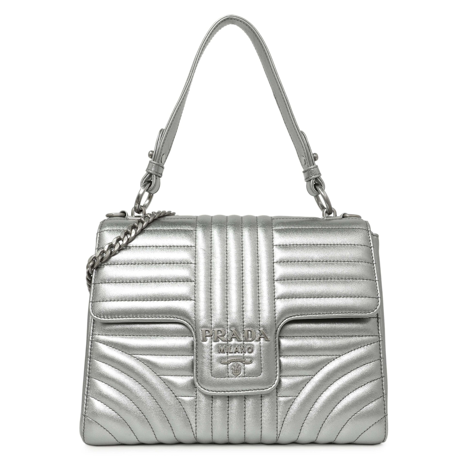 Exclusive Prada Silver Calfskin Diagramme Flap Bag — Front View
