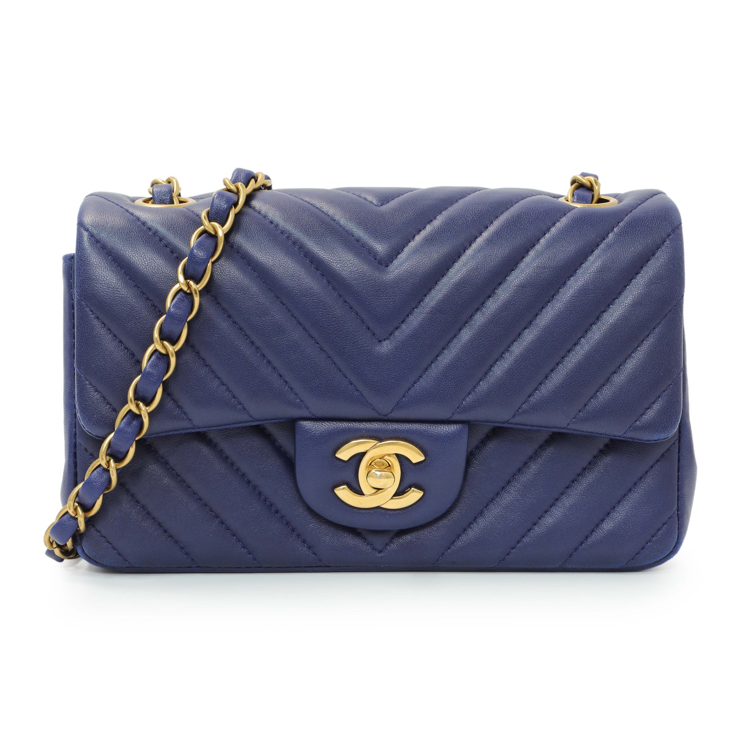 Exclusive Chanel Blue Chevron Quilted Lambskin Mini Rectangular Flap — Front View