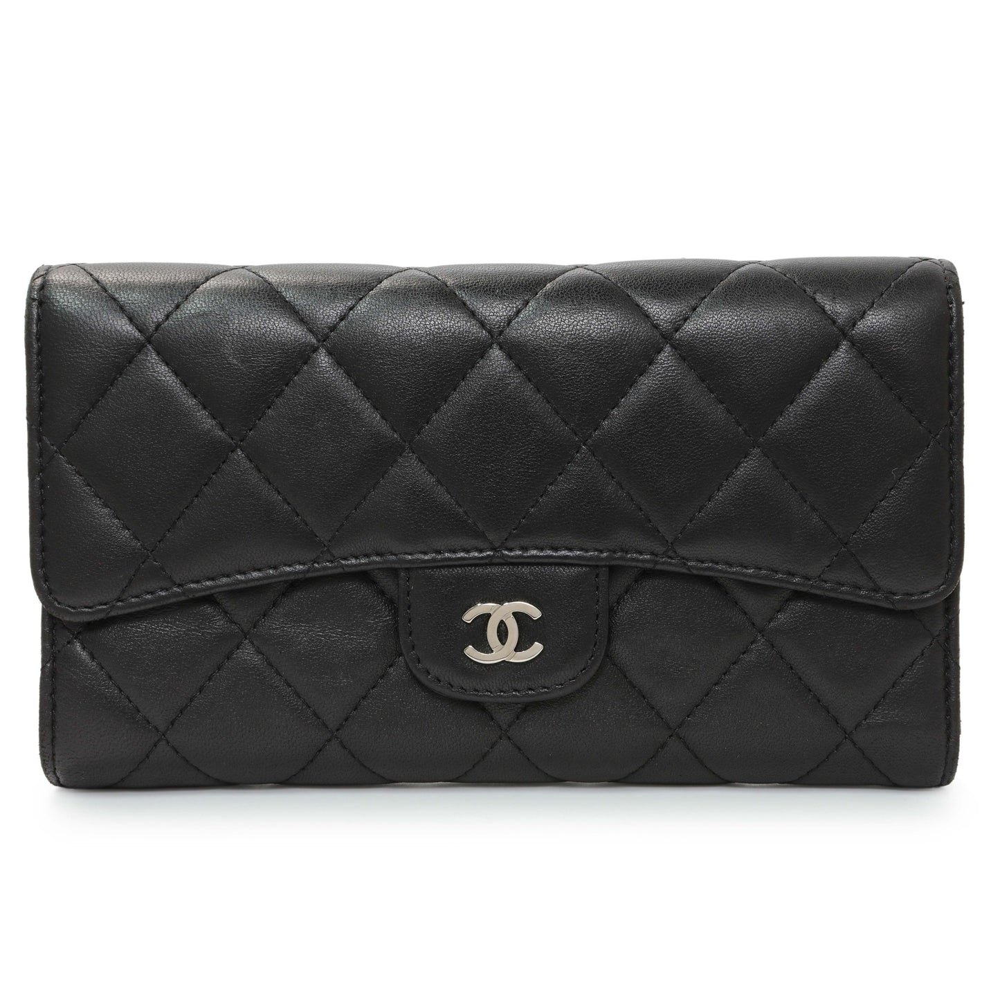 Exclusive Chanel Lambskin Quilted Large Flap Wallet Black — Front View
