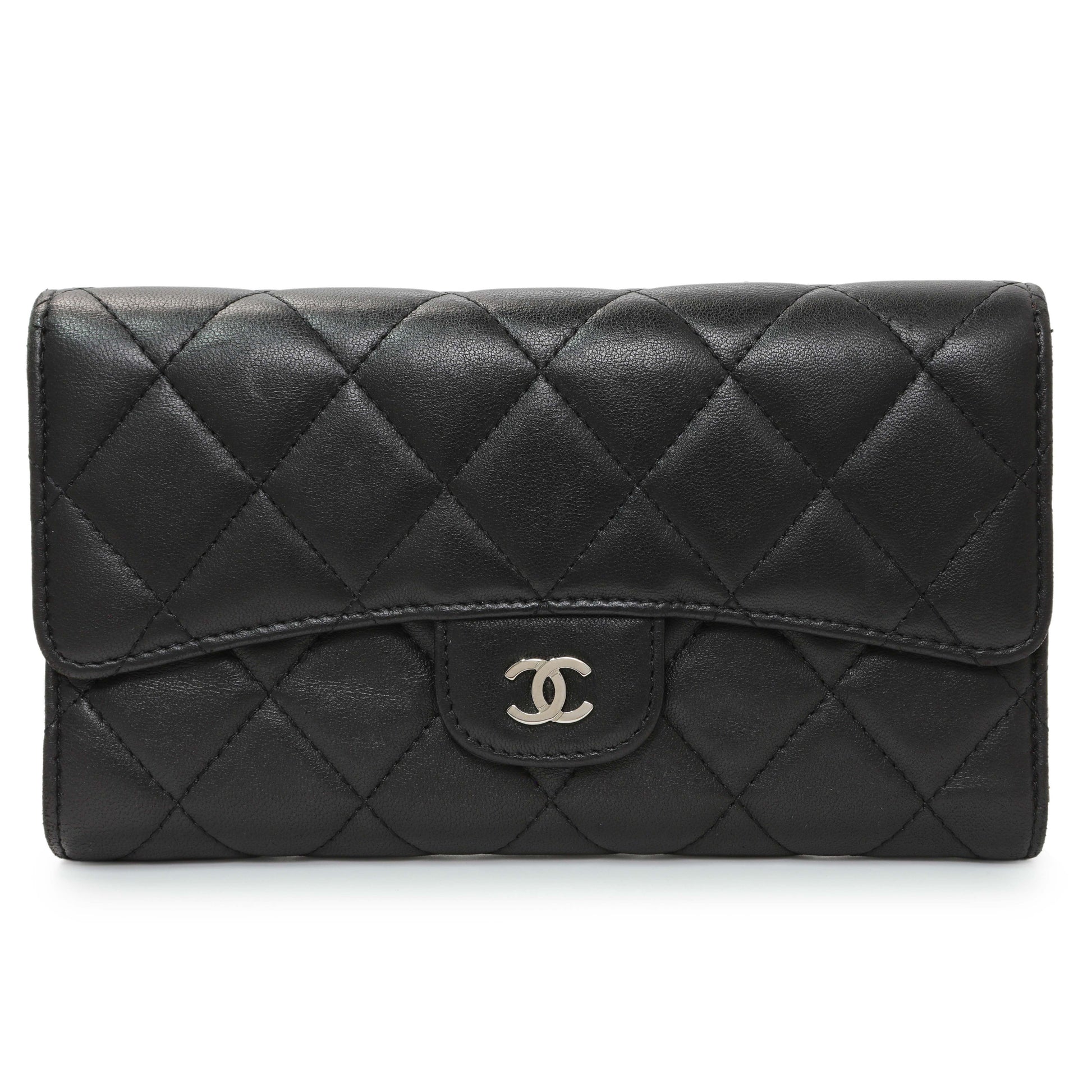 Exclusive Chanel Lambskin Quilted Large Flap Wallet Black — Front View