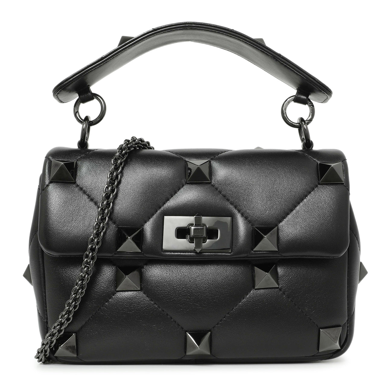 Exclusive Valentino Black Nappa Monochrome Medium Roman Stud Shoulder Bag — Front View