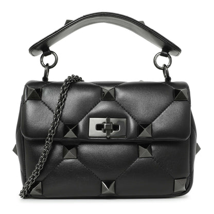 Exclusive Valentino Black Nappa Monochrome Medium Roman Stud Shoulder Bag — Front View