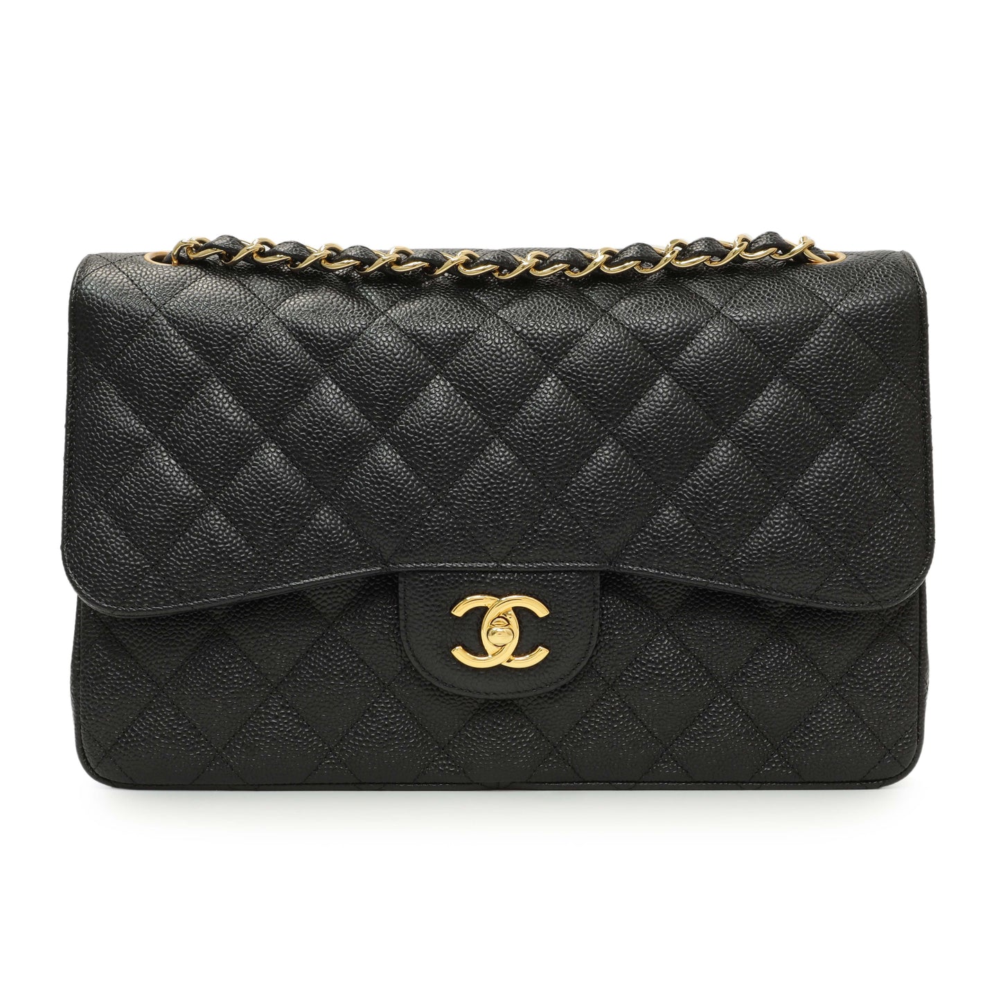 Exclusive Chanel Black Quilted Caviar Jumbo Classic Double Flap — Front View