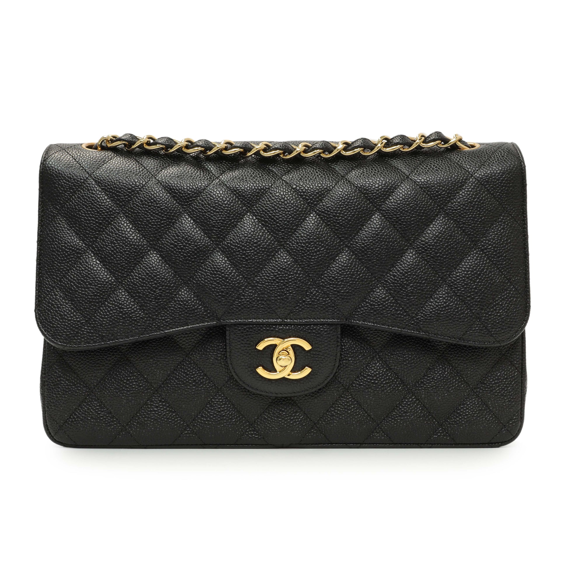 Exclusive Chanel Black Quilted Caviar Jumbo Classic Double Flap — Front View