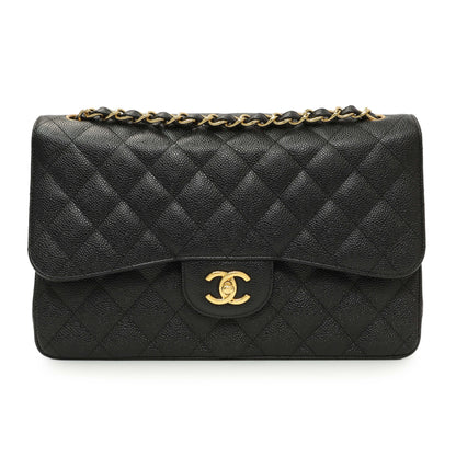 Exclusive Chanel Black Quilted Caviar Jumbo Classic Double Flap — Front View