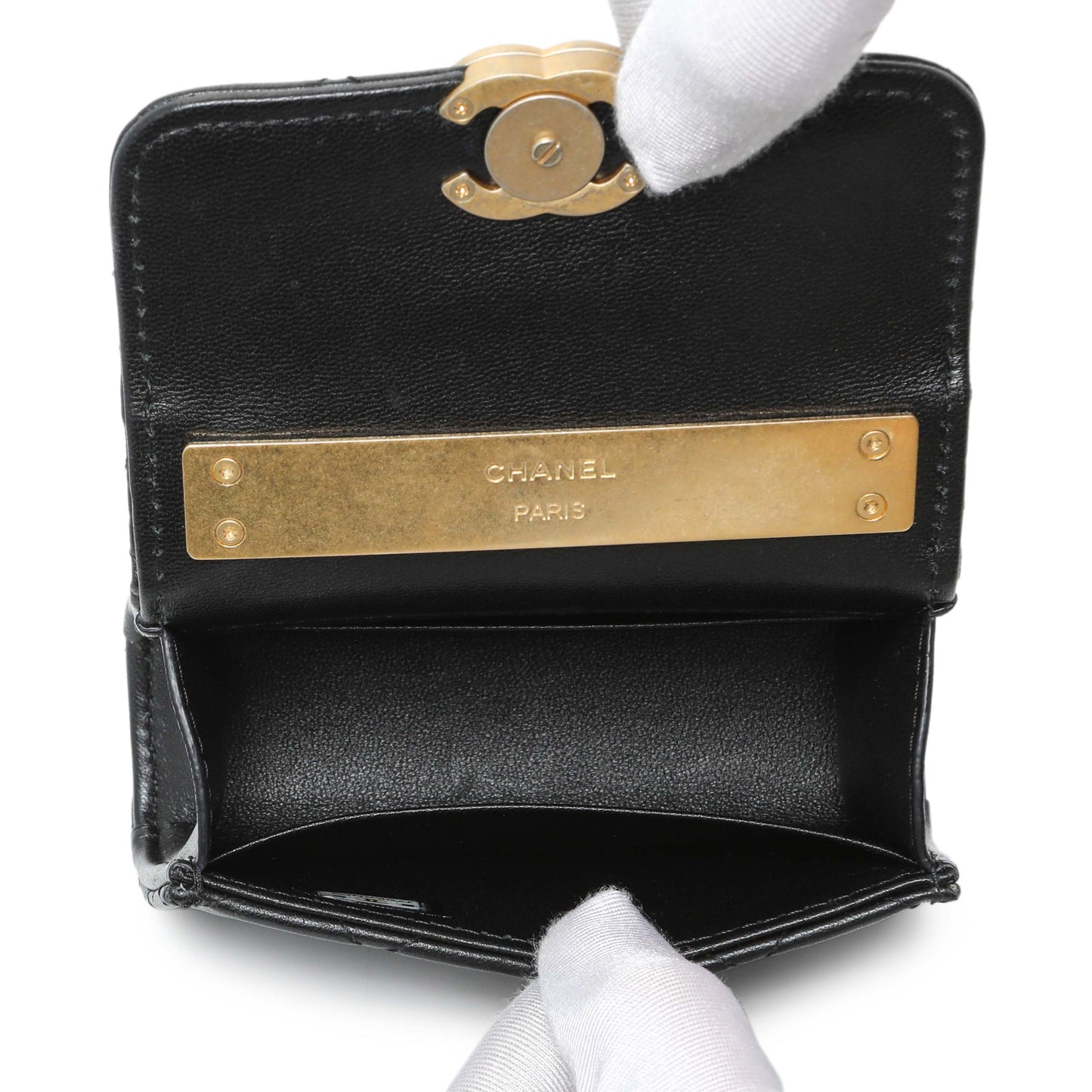 Exclusive Chanel Black Lambskin Enamel Quilted Mini Top Handle Flap — Detail View
