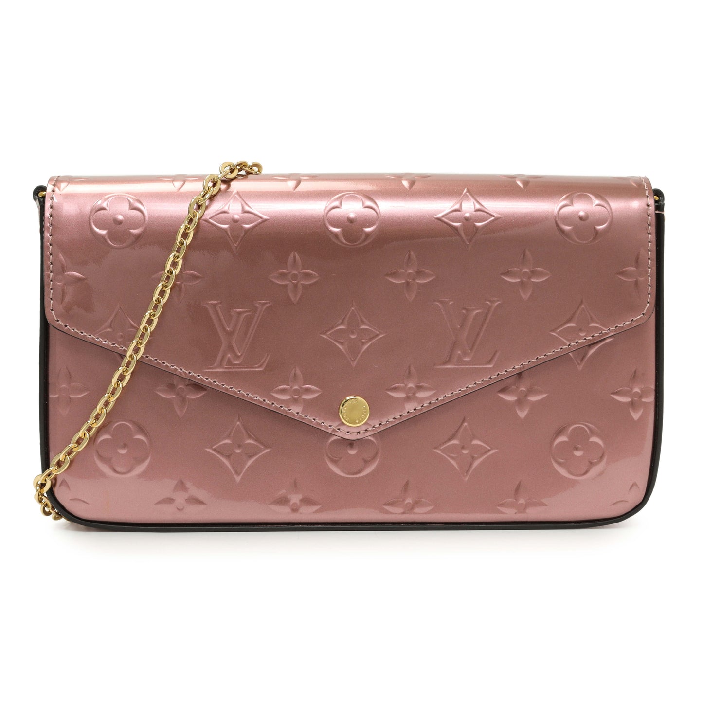 Exclusive Louis Vuitton Metallic Pale Pink Vernis Pochette Felicie Chain Wallet — Front View