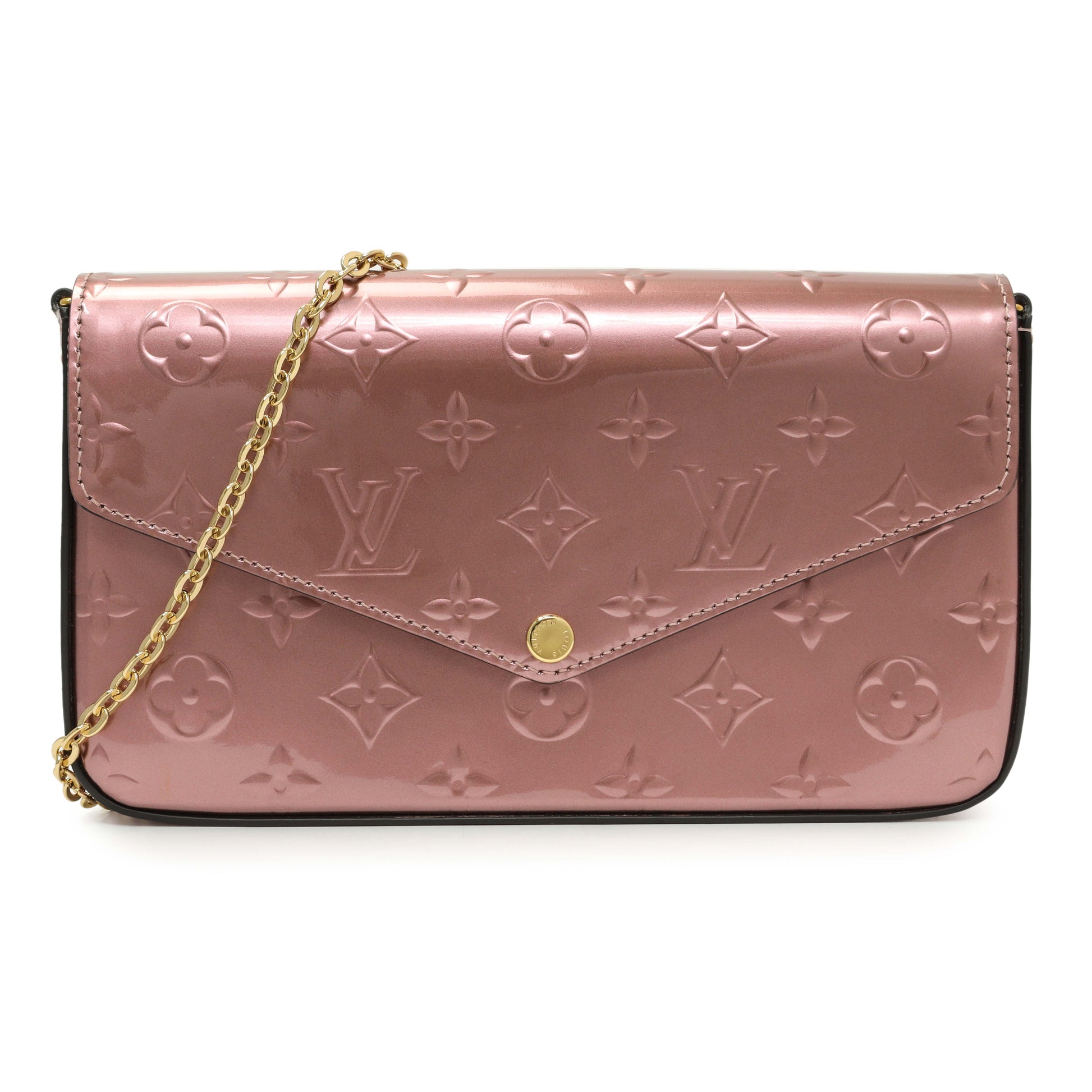 Exclusive Louis Vuitton Metallic Pale Pink Vernis Pochette Felicie Chain Wallet — Front View