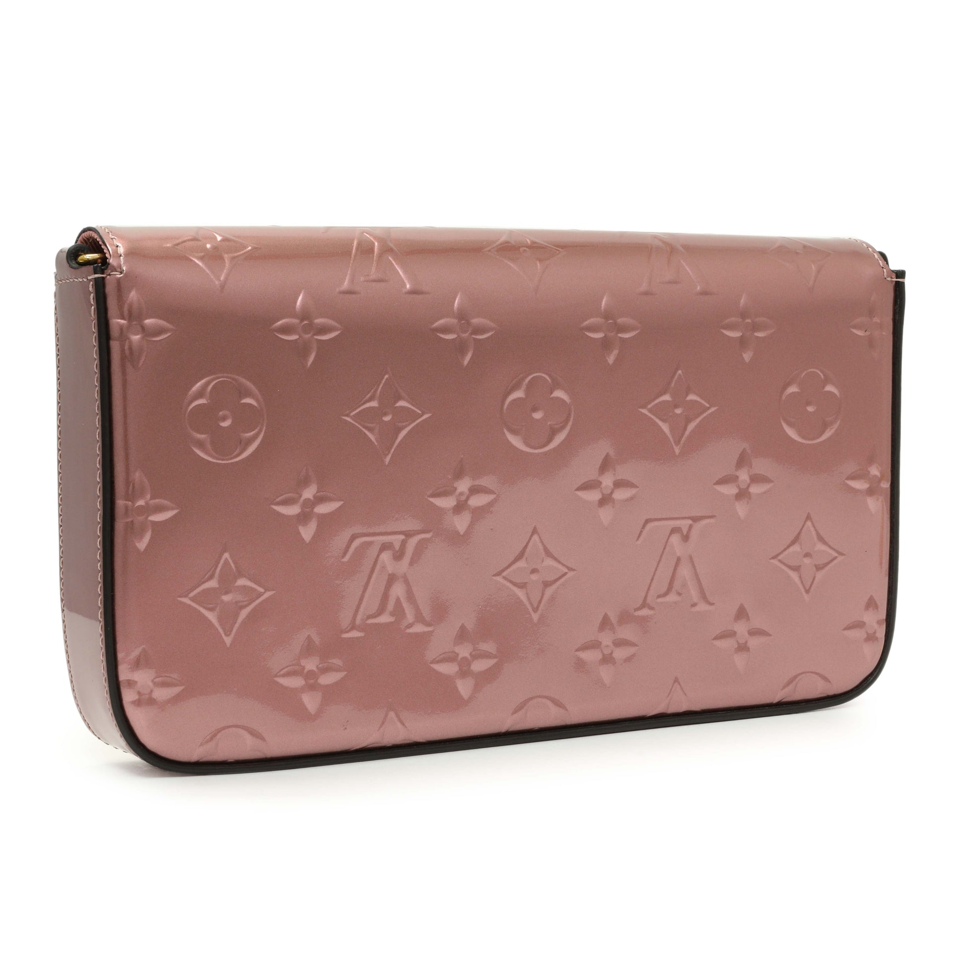 Exclusive Louis Vuitton Metallic Pale Pink Vernis Pochette Felicie Chain Wallet — Side View