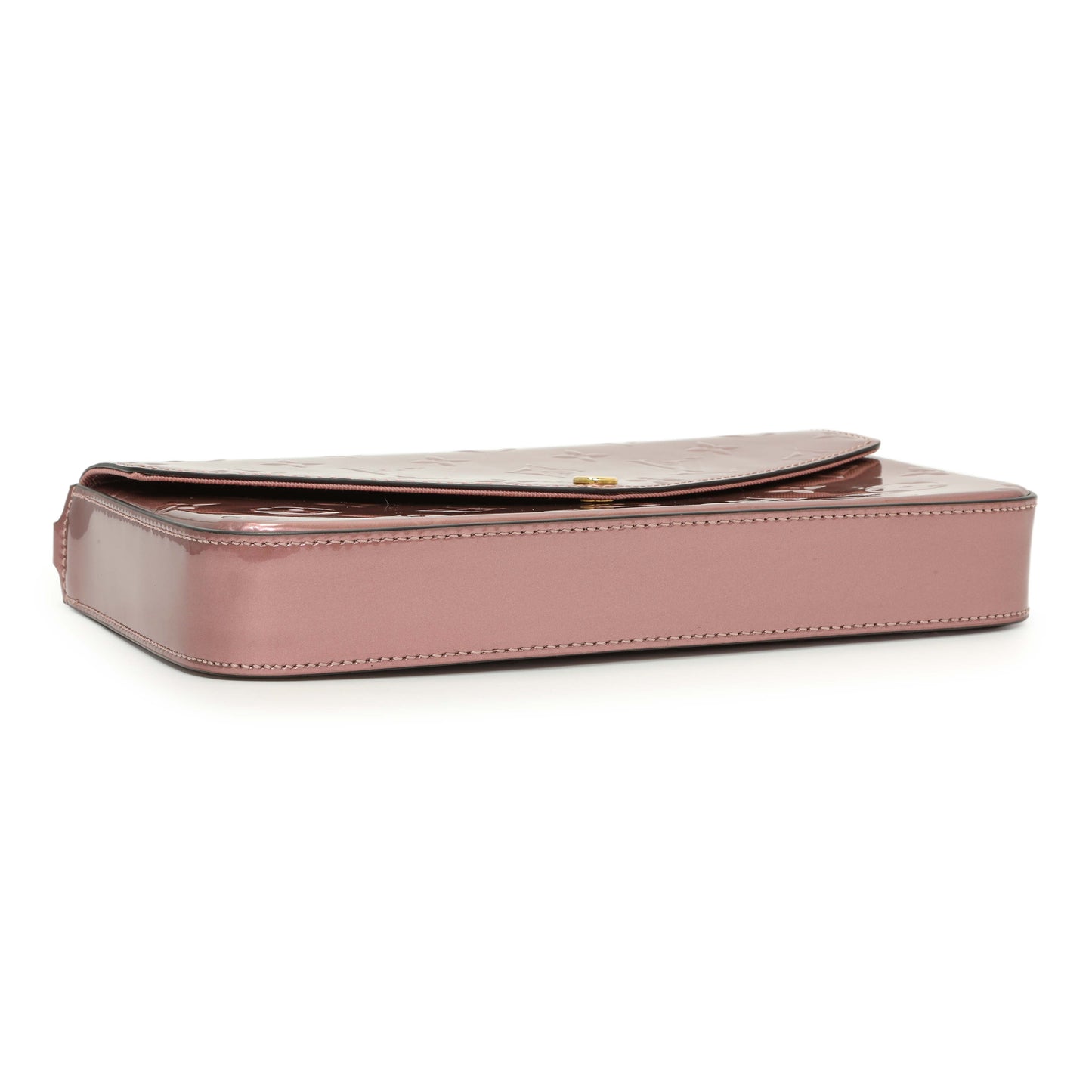 Exclusive Louis Vuitton Metallic Pale Pink Vernis Pochette Felicie Chain Wallet — Back View