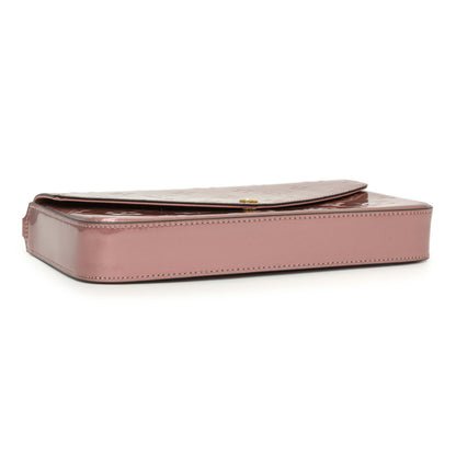 Exclusive Louis Vuitton Metallic Pale Pink Vernis Pochette Felicie Chain Wallet — Back View