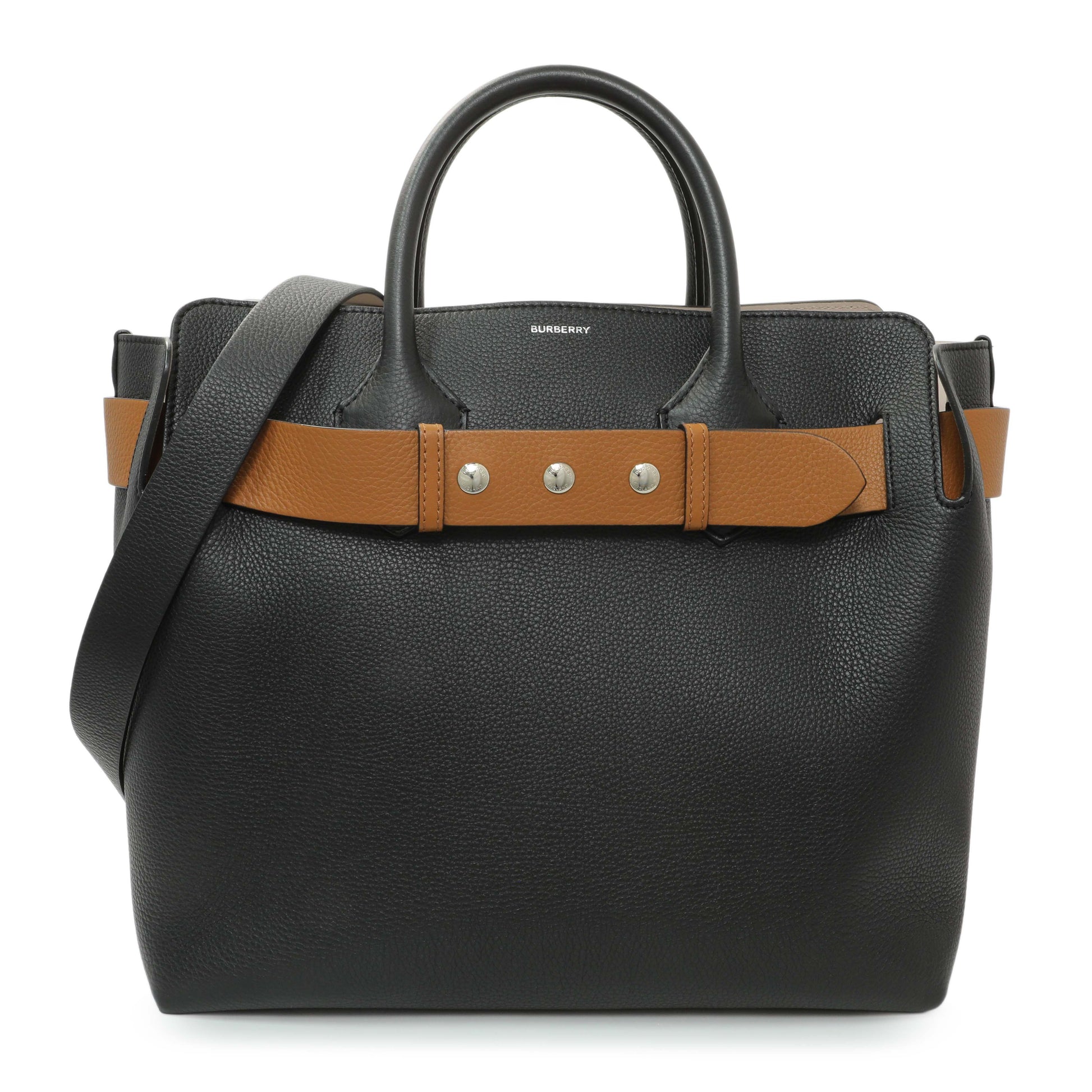 Exclusive Burberry Black Calfskin Triple Stud Large Belt Tote — Front View