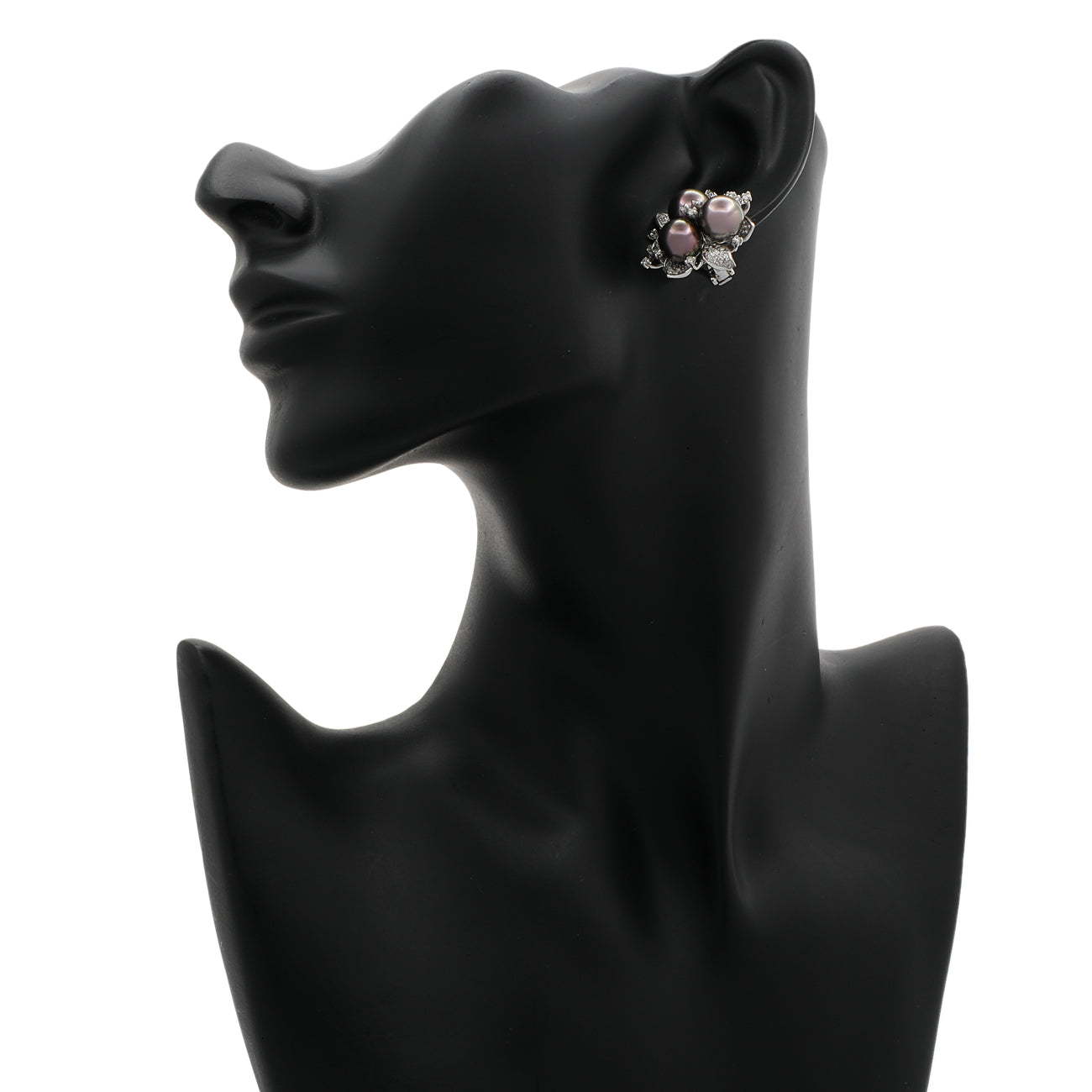 Exclusive 18K White Gold Trefoil Cluster Tahitian Pearl Floral Earrings — Back View