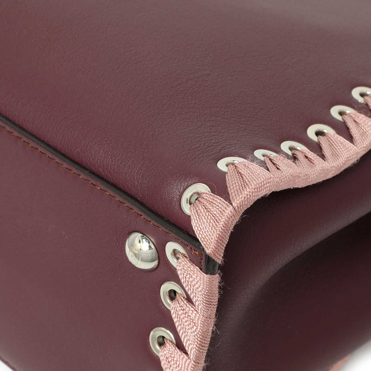 Exclusive Fendi Dark Red Rosa Doll Vitello Dolce Ribbon Lace Up Petite 2Jours Tote — Detail View