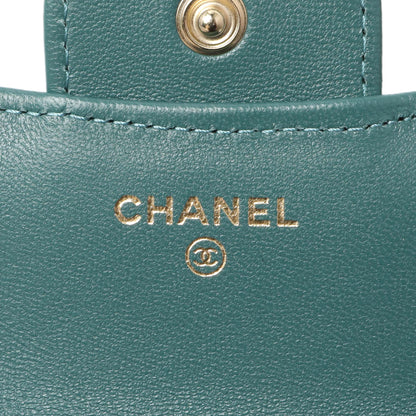 Exclusive Chanel Teal Lambskin Top Handle Flap Coin Purse With Chain — Detail View