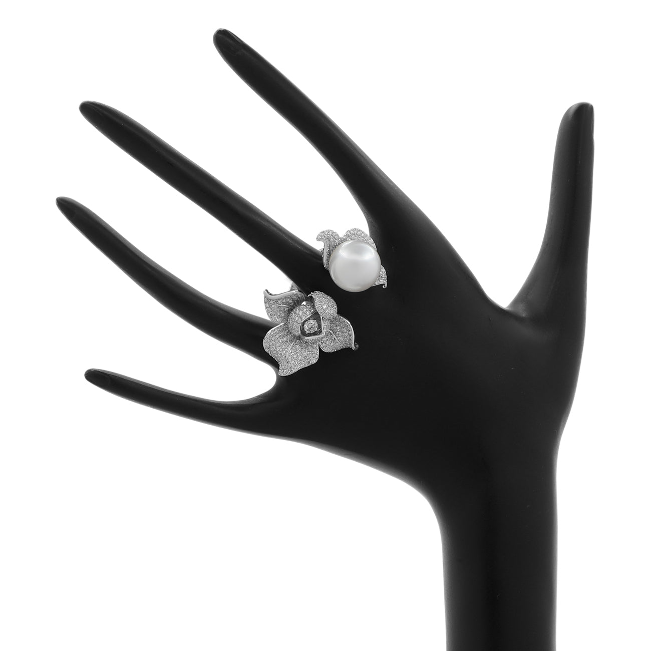 Exclusive 18K White Gold South Sea Pearl Diamond Blossom Ring — Back View