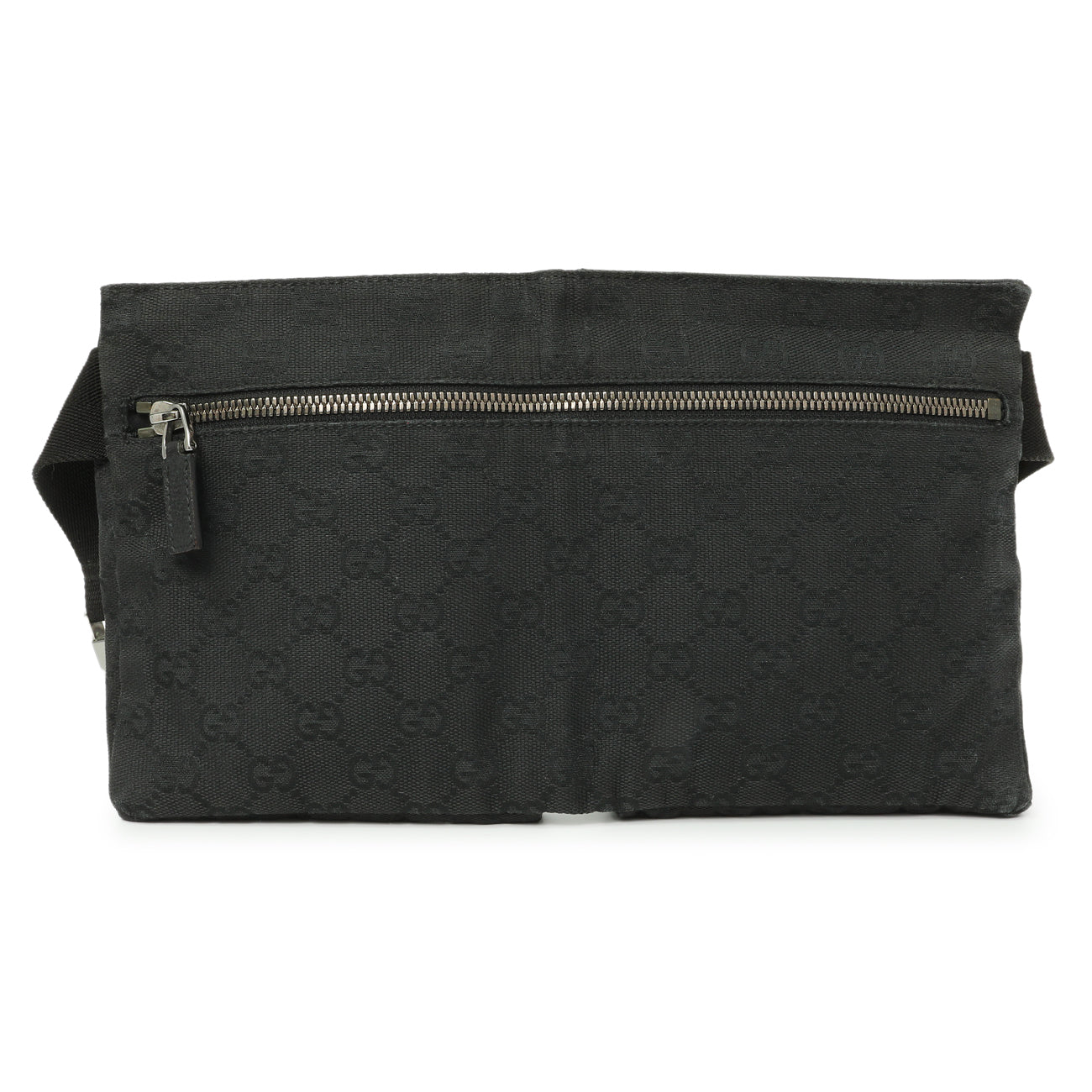 Exclusive Gucci Black GG Monogram Double Pocket Belt Bag — Side View