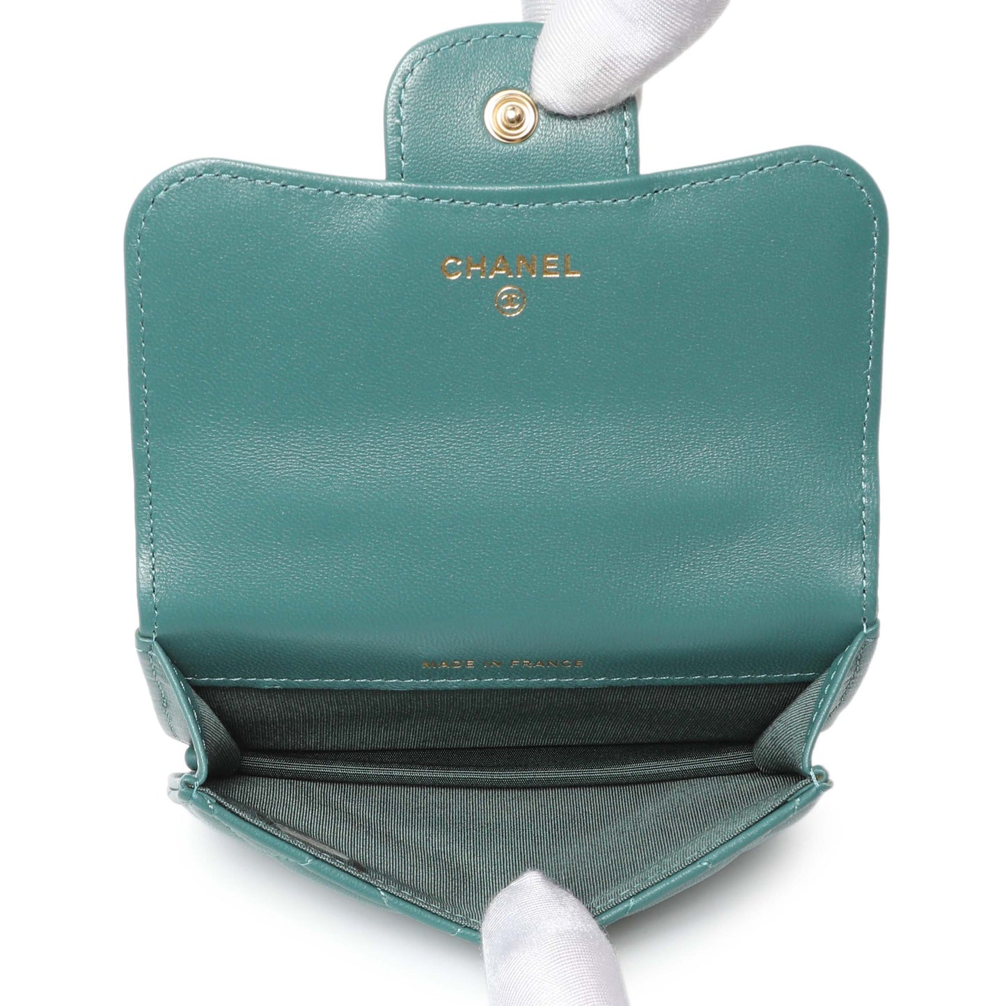 Exclusive Chanel Teal Lambskin Top Handle Flap Coin Purse With Chain — Top View
