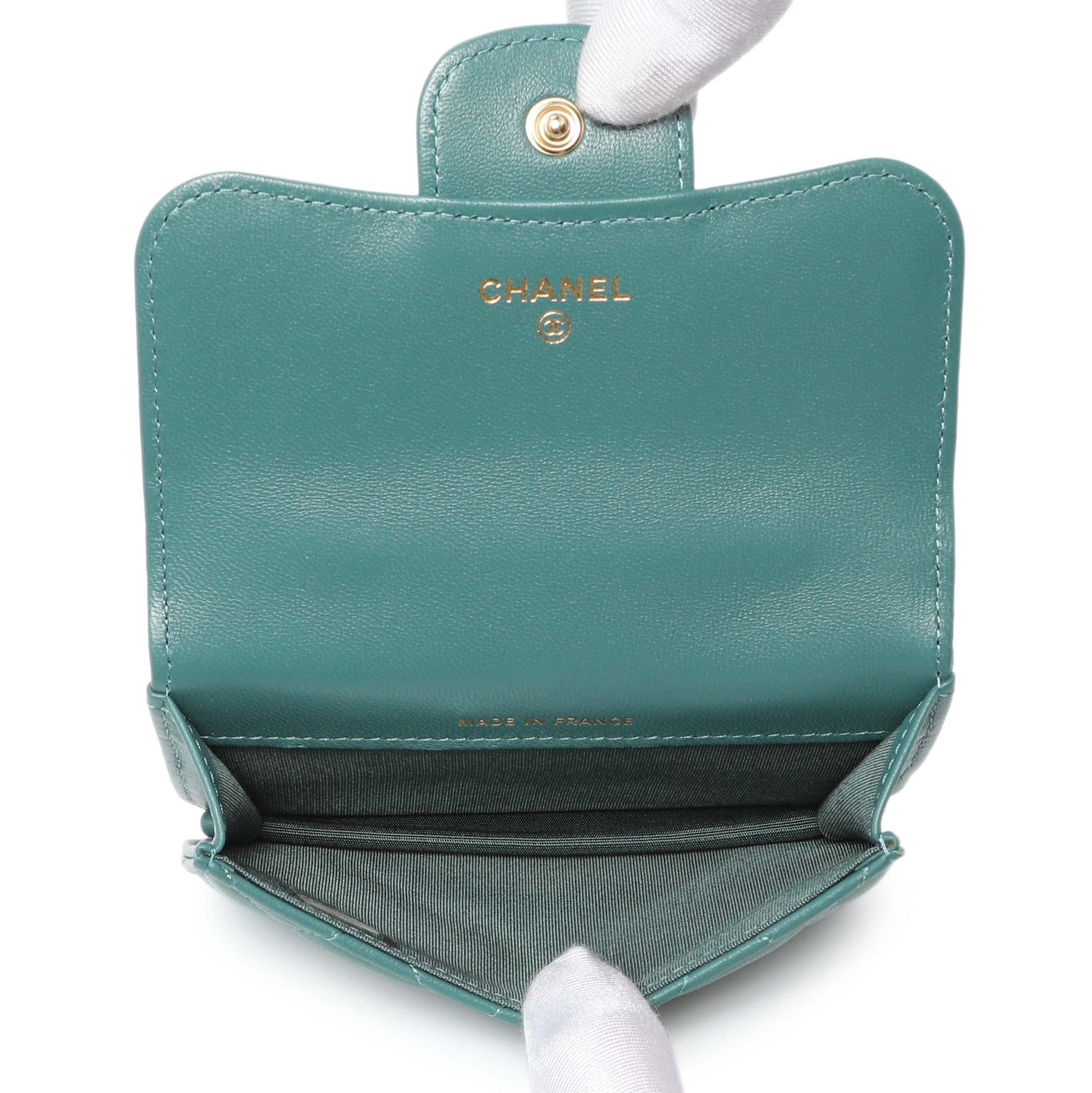 Exclusive Chanel Teal Lambskin Top Handle Flap Coin Purse With Chain — Top View
