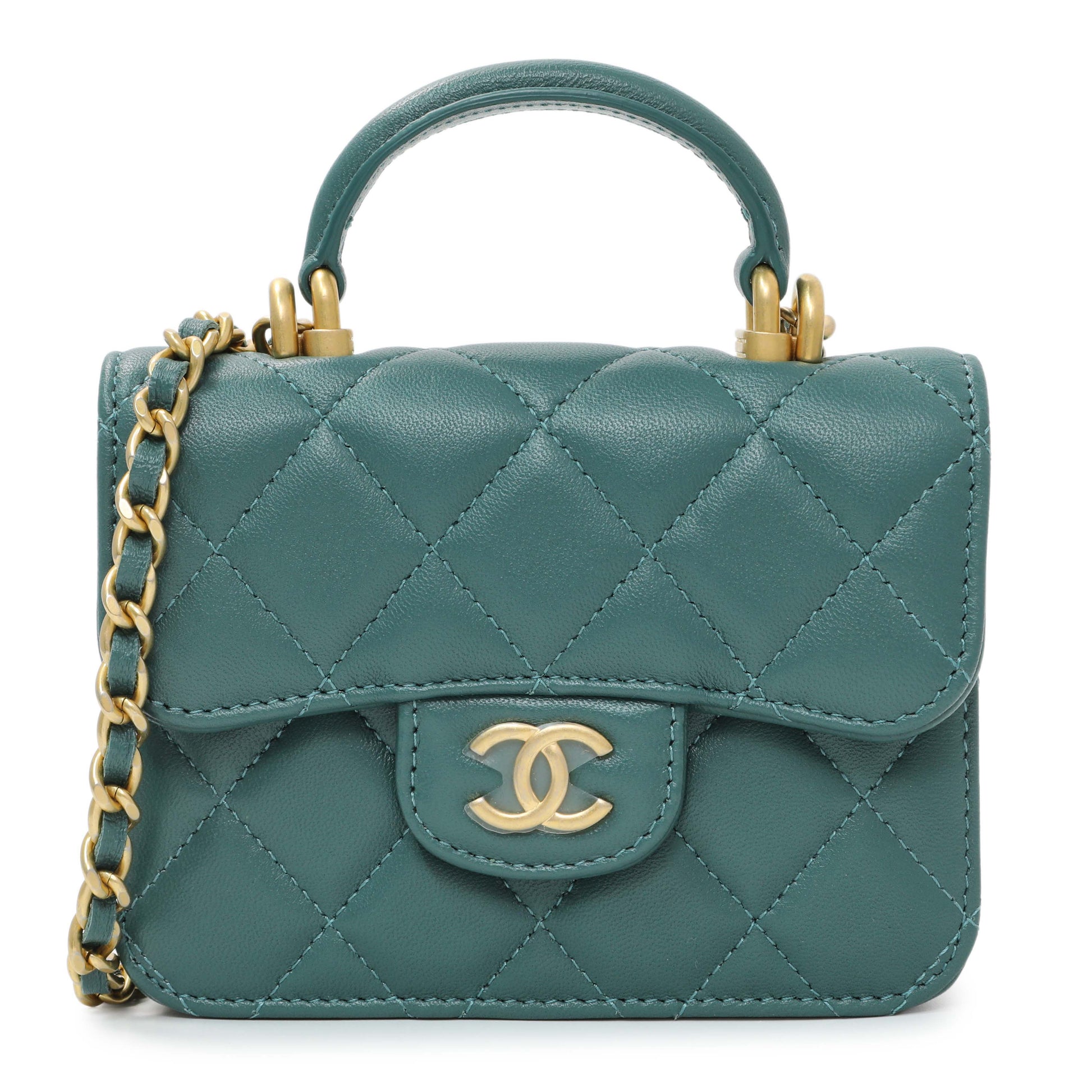 Exclusive Chanel Teal Lambskin Top Handle Flap Coin Purse With Chain — Front View