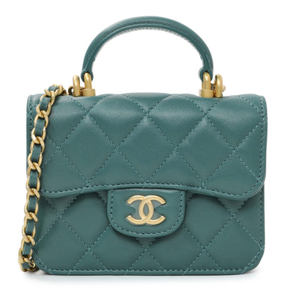 Exclusive Chanel Teal Lambskin Top Handle Flap Coin Purse With Chain — Front View