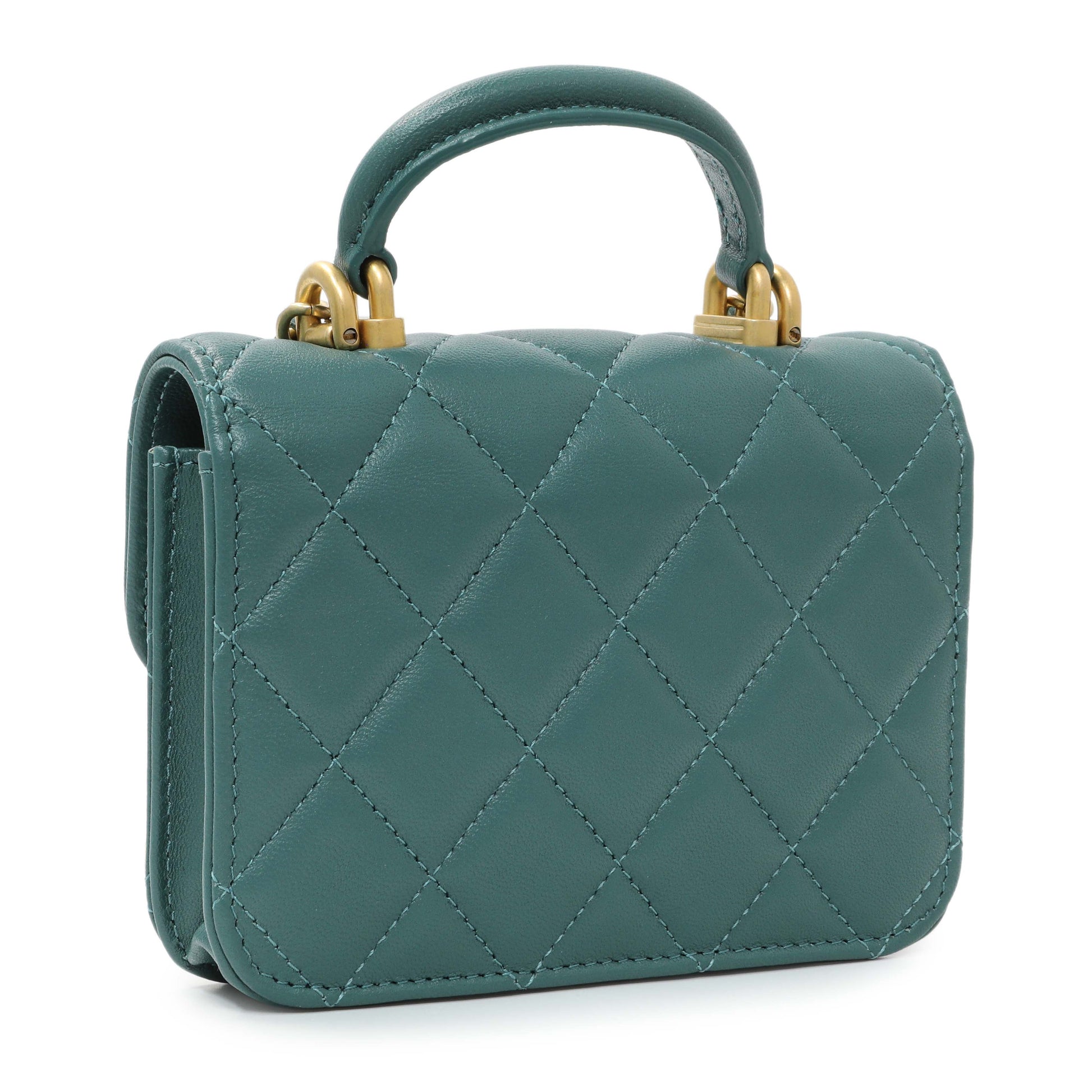 Exclusive Chanel Teal Lambskin Top Handle Flap Coin Purse With Chain — Side View