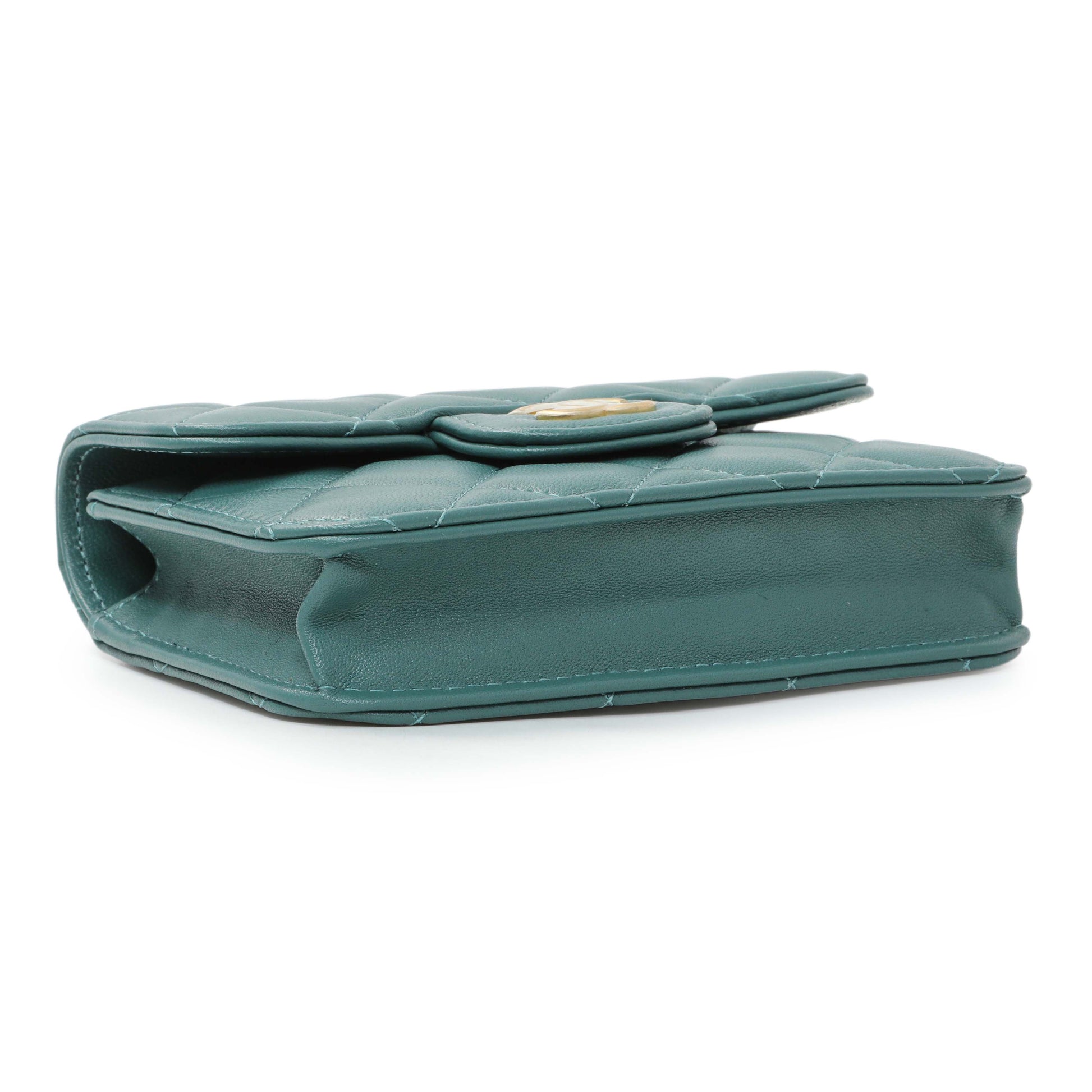 Exclusive Chanel Teal Lambskin Top Handle Flap Coin Purse With Chain — Back View