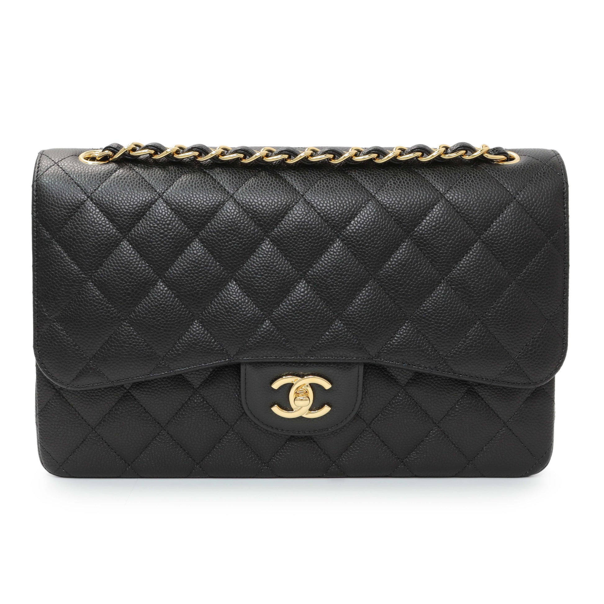 Exclusive Chanel Black Quilted Caviar Jumbo Double Flap — Front View