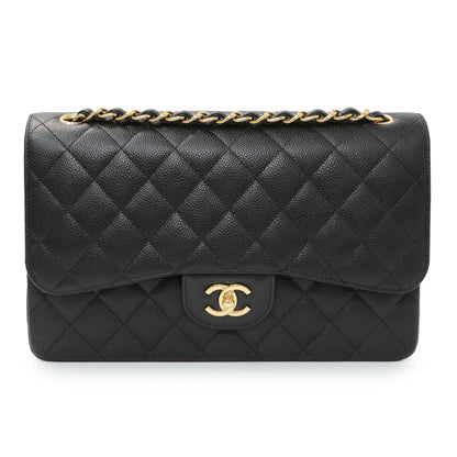 Exclusive Chanel Black Quilted Caviar Jumbo Double Flap — Front View