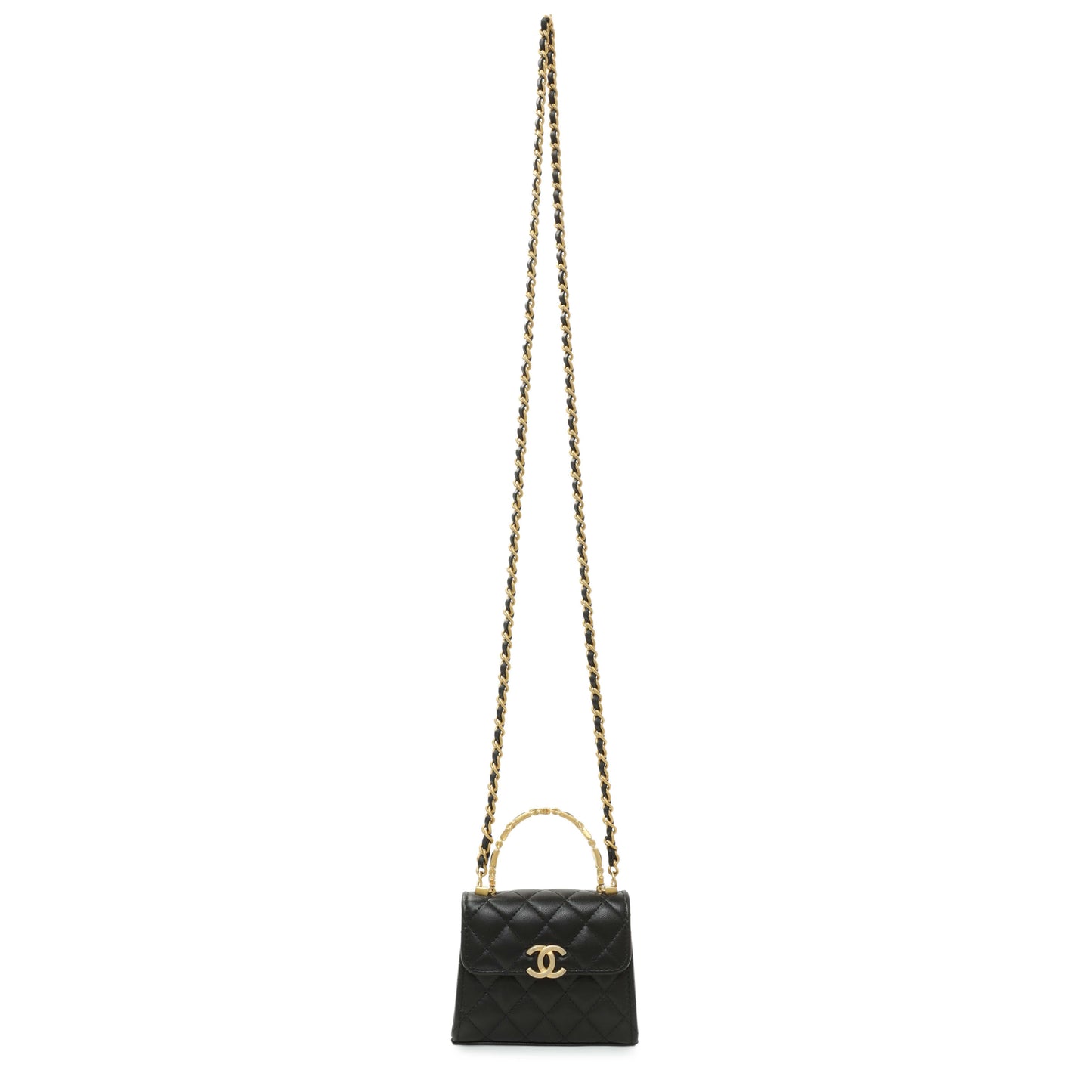 Exclusive Chanel Black Lambskin Enamel Quilted Mini Top Handle Flap — Front View