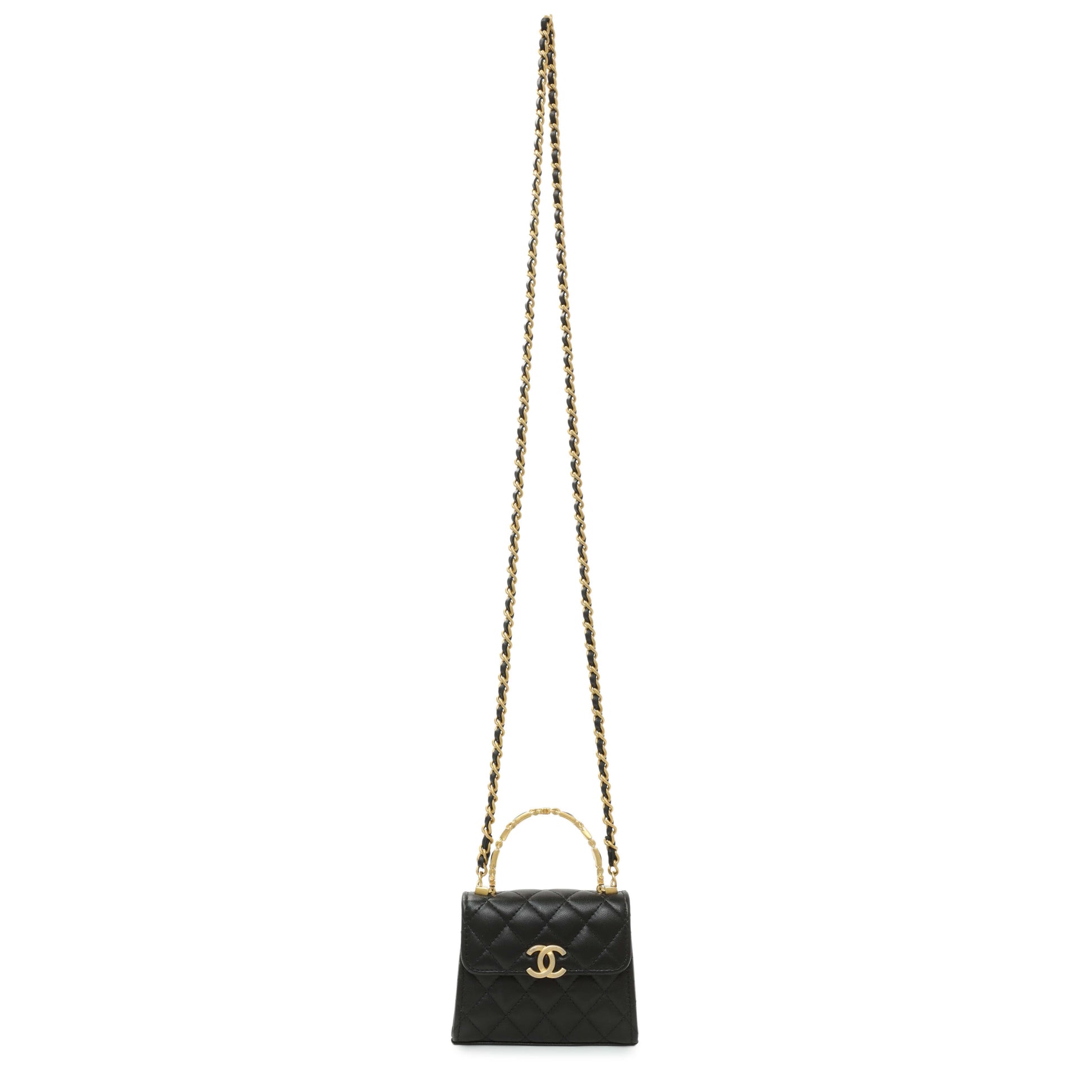 Exclusive Chanel Black Lambskin Enamel Quilted Mini Top Handle Flap — Front View
