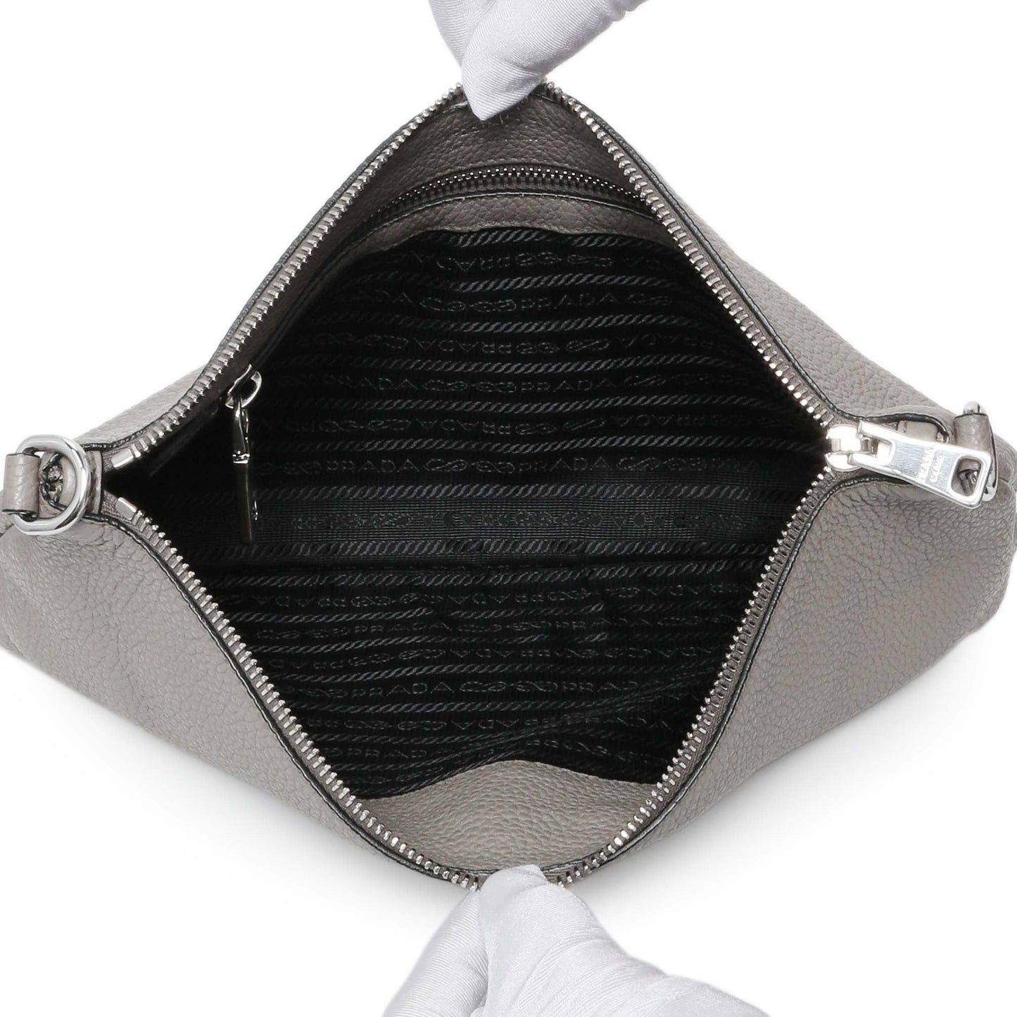 Exclusive Prada Grey Vitello Daino Soft Zippered Shoulder Bag — Lifestyle View