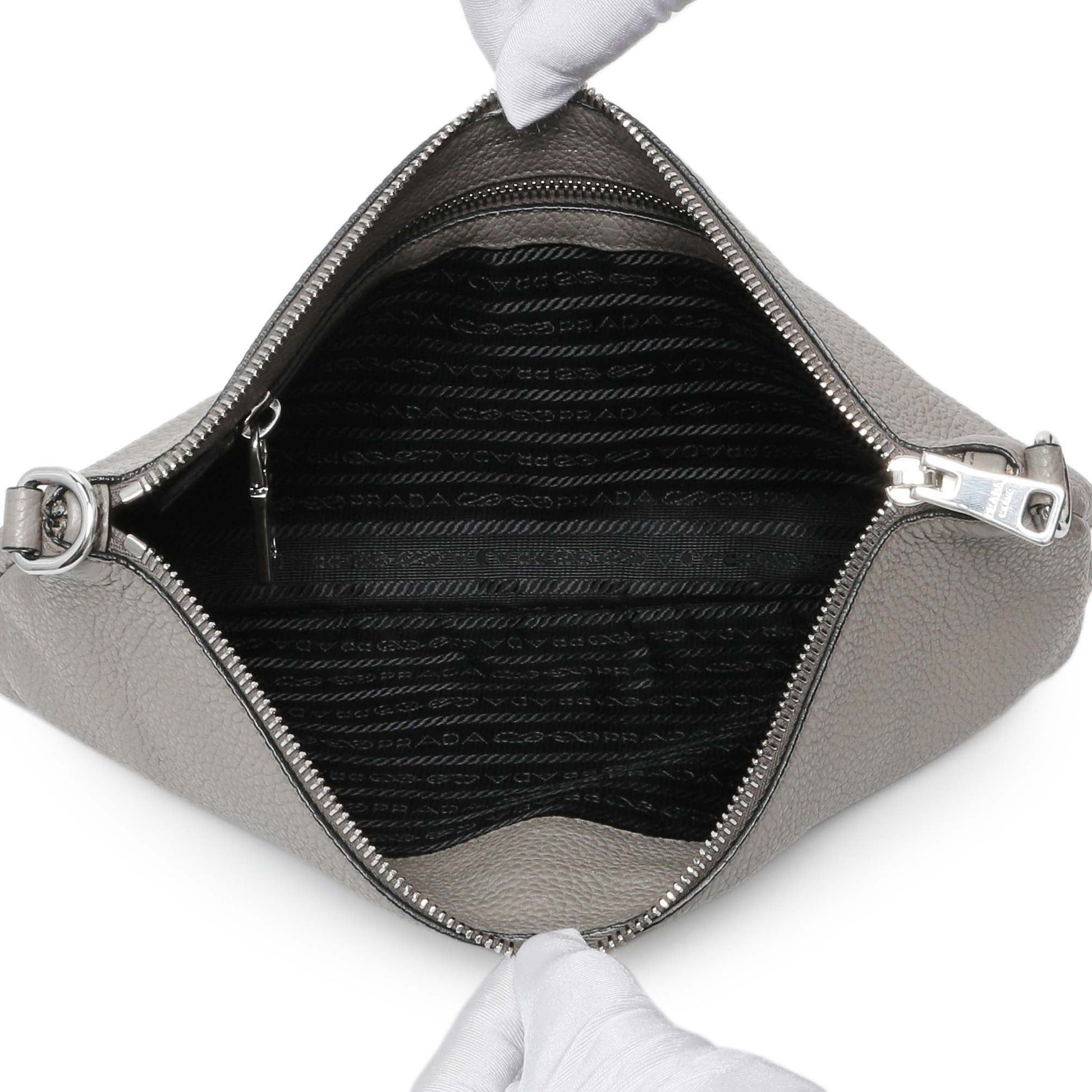 Exclusive Prada Grey Vitello Daino Soft Zippered Shoulder Bag — Lifestyle View
