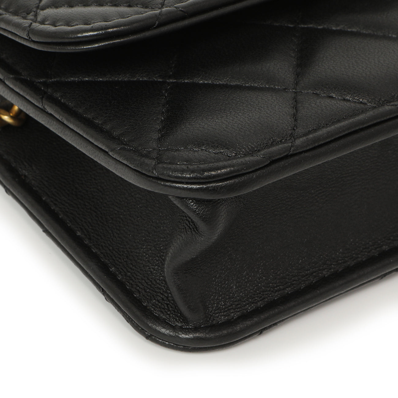 Exclusive Chanel Black Quilted Lambskin Pearl Crush Clutch with Chain — Detail View