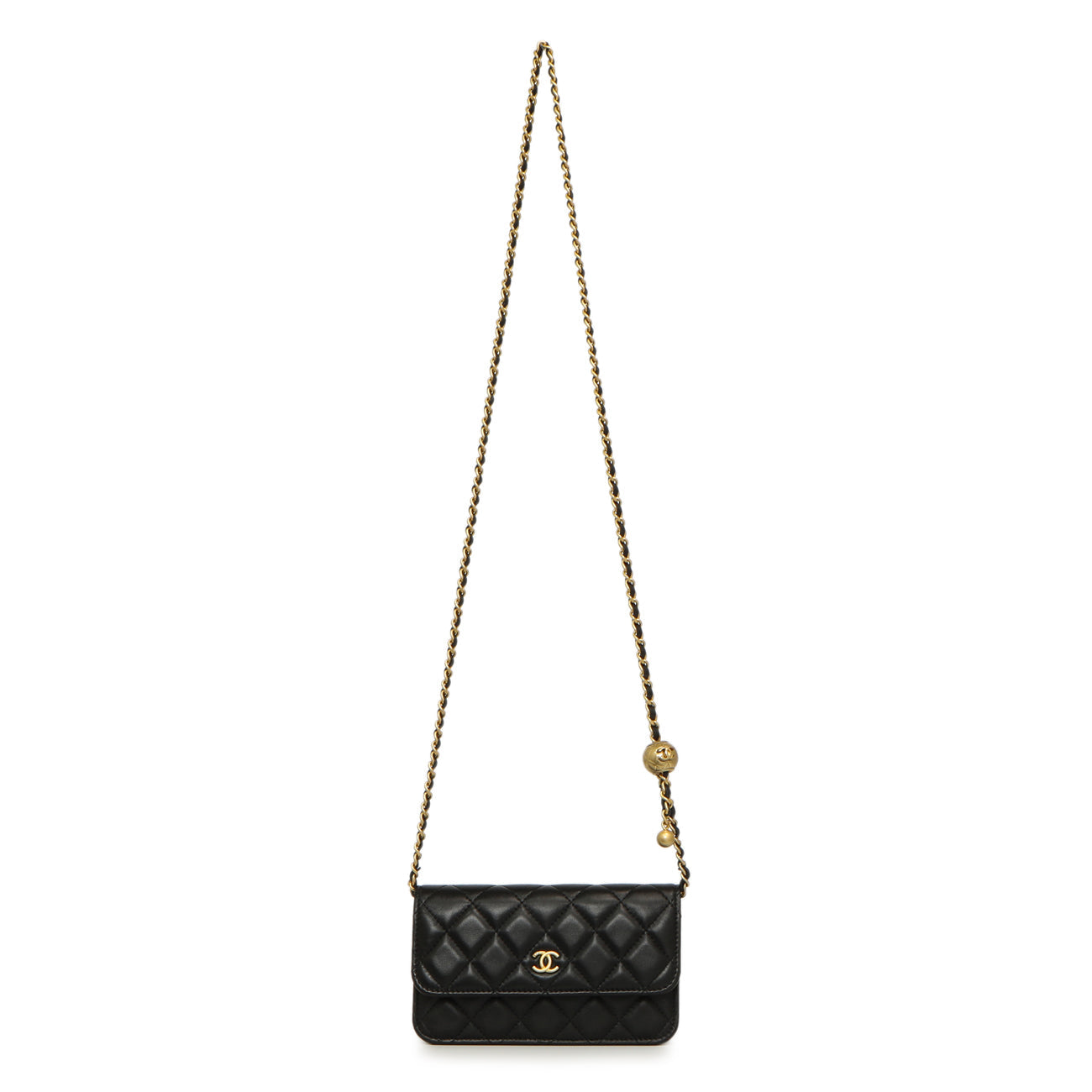 Exclusive Chanel Black Quilted Lambskin Pearl Crush Clutch with Chain — Front View