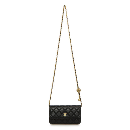 Exclusive Chanel Black Quilted Lambskin Pearl Crush Clutch with Chain — Front View
