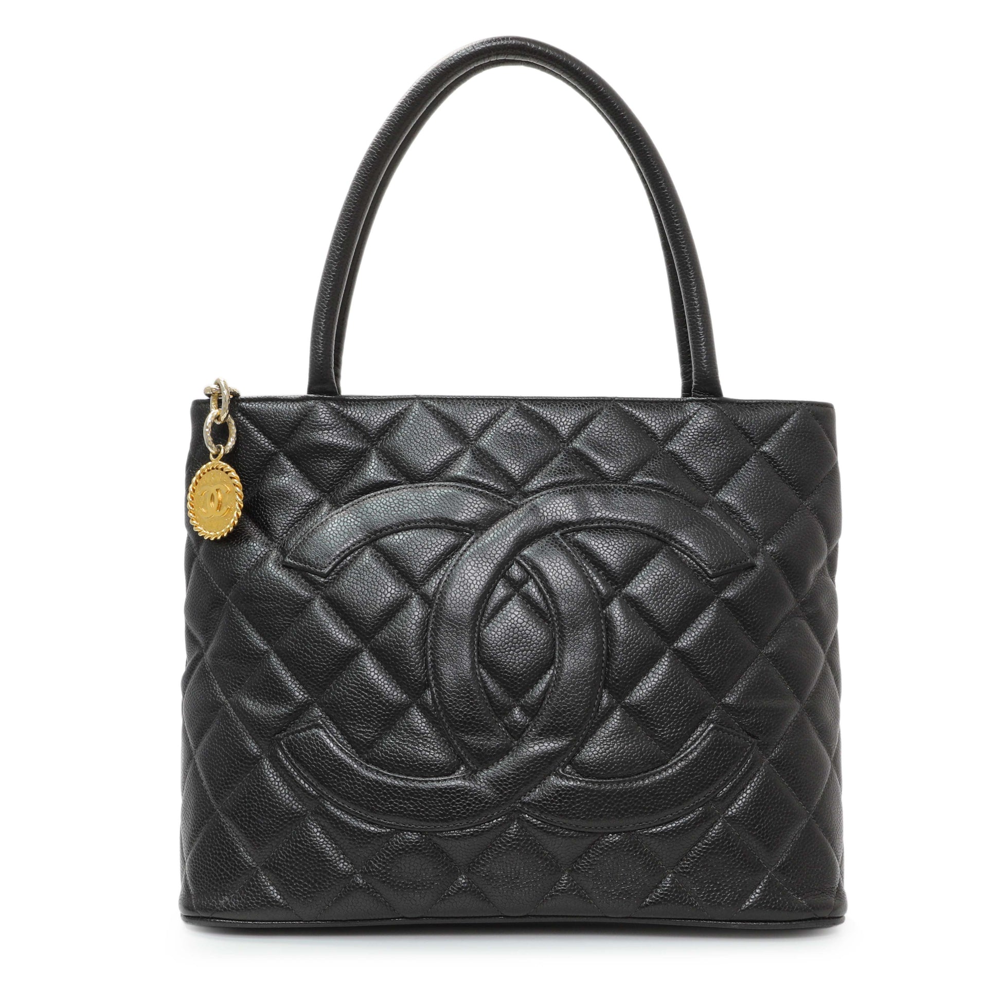 Exclusive Chanel Black Quilted Caviar Medallion Tote — Front View