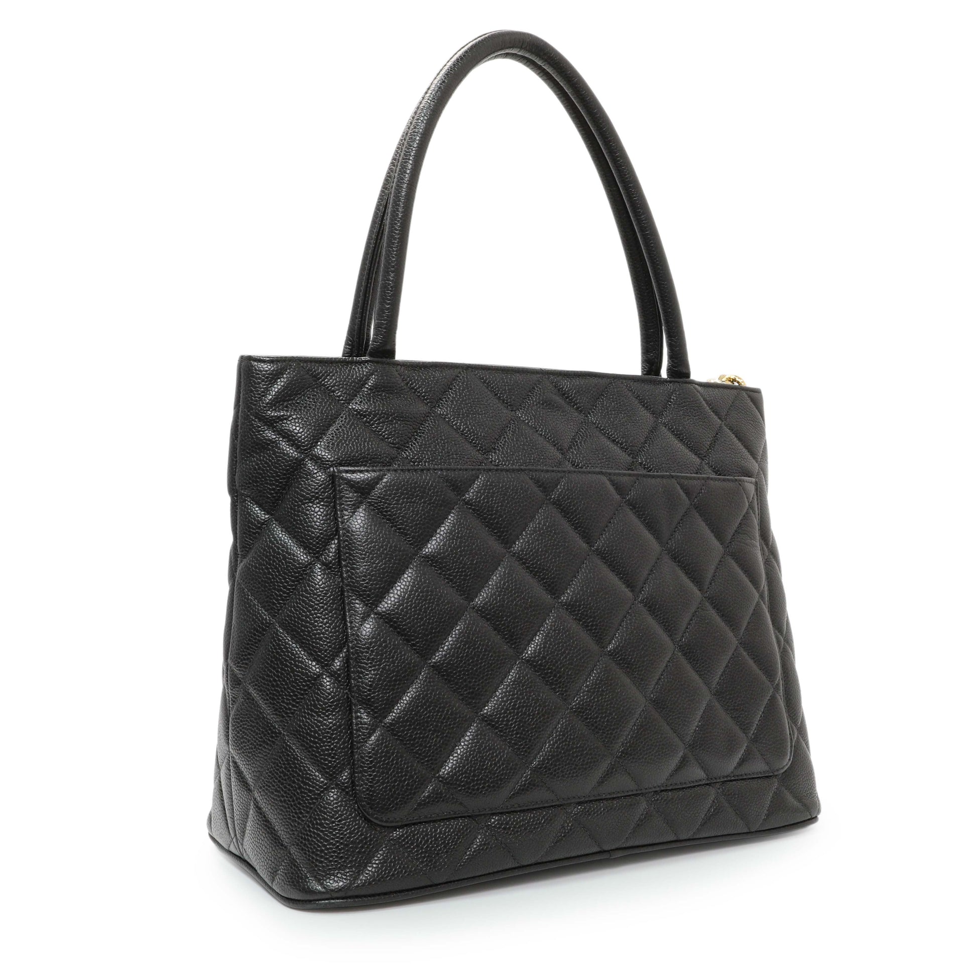 Exclusive Chanel Black Quilted Caviar Medallion Tote — Side View