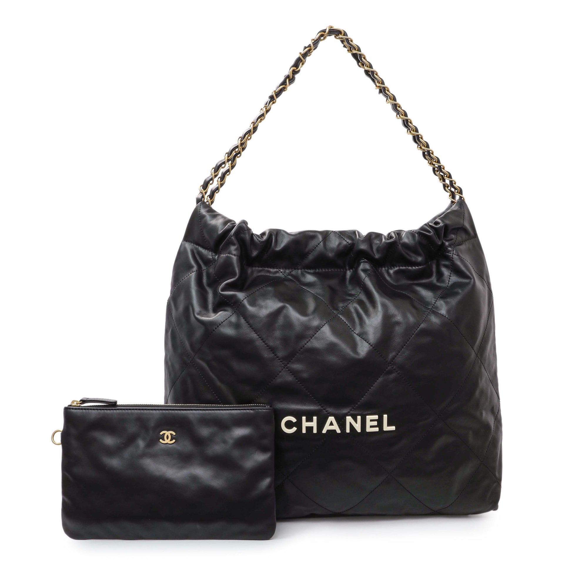 Exclusive Chanel Black Quilted Shiny Calfskin Large Chanel 22 — Front View