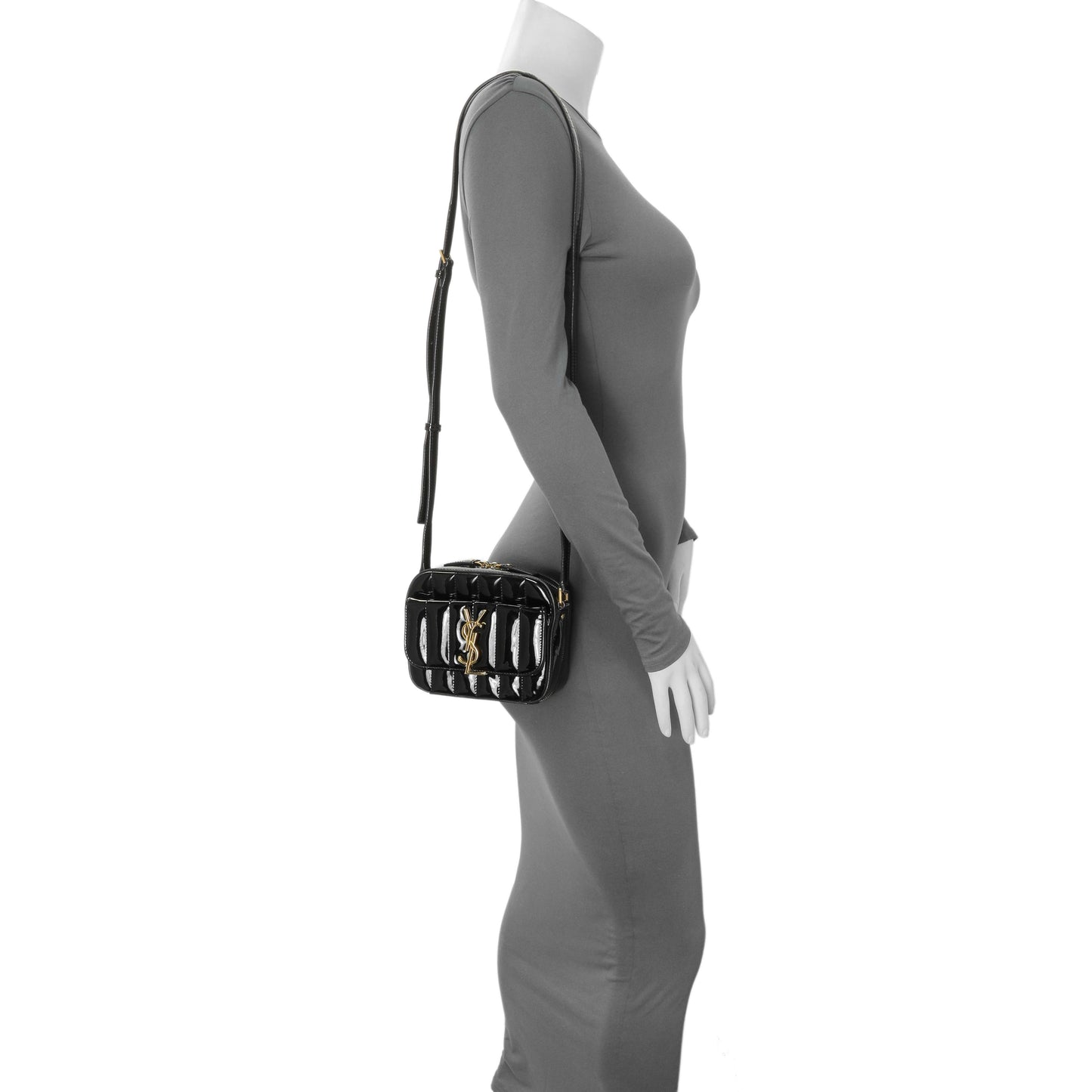 Exclusive Saint Laurent Black Patent Matelasse Monogram Mini Vicky Camera Bag — Alternate View 12