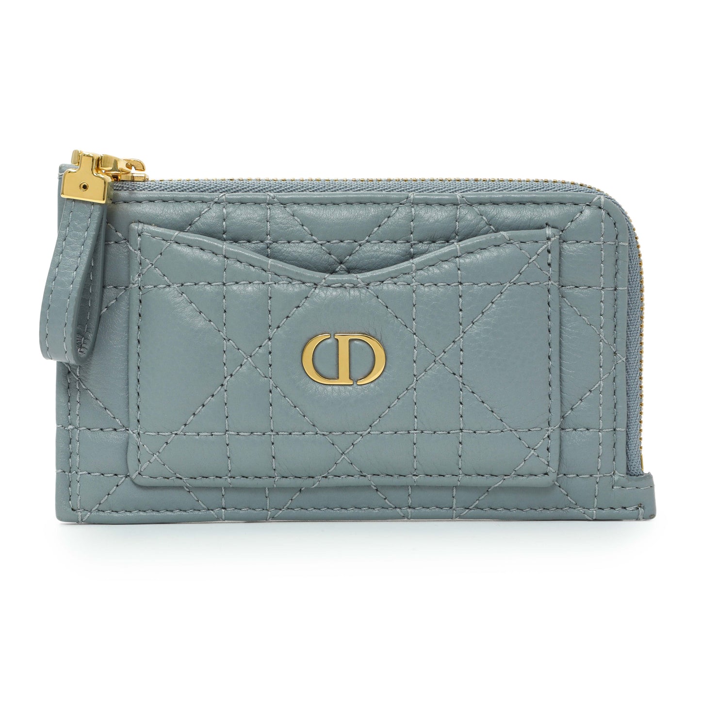 Exclusive Christian Dior Blue Supple Calfskin Cannage Caro Cosmos Zipped Card Holder — Front View